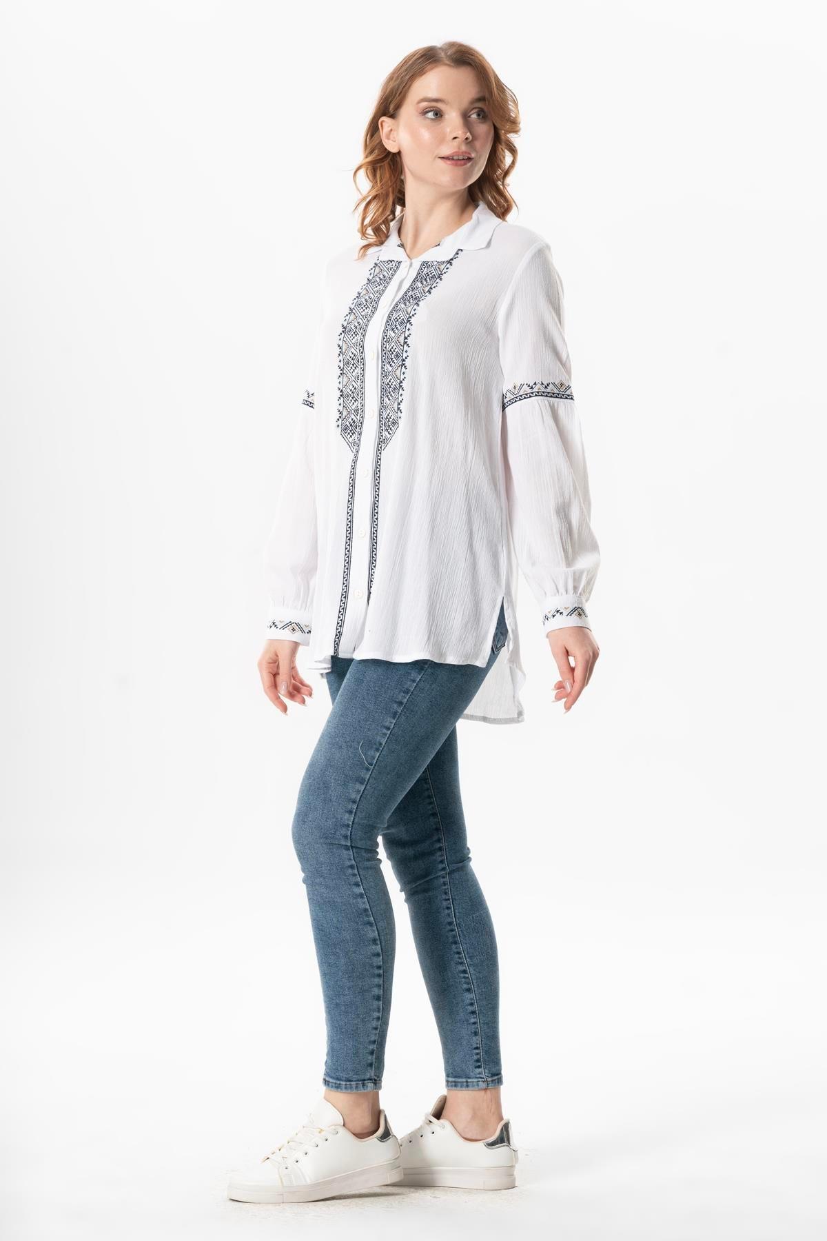 Uzun Kol Şile Bezi Maviş Nakış İşlemeli Yazlık Gömlek Beyaz Byz