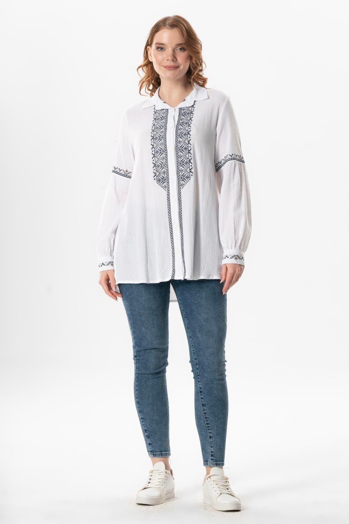 Uzun Kol Şile Bezi Maviş Nakış İşlemeli Yazlık Gömlek Beyaz Byz