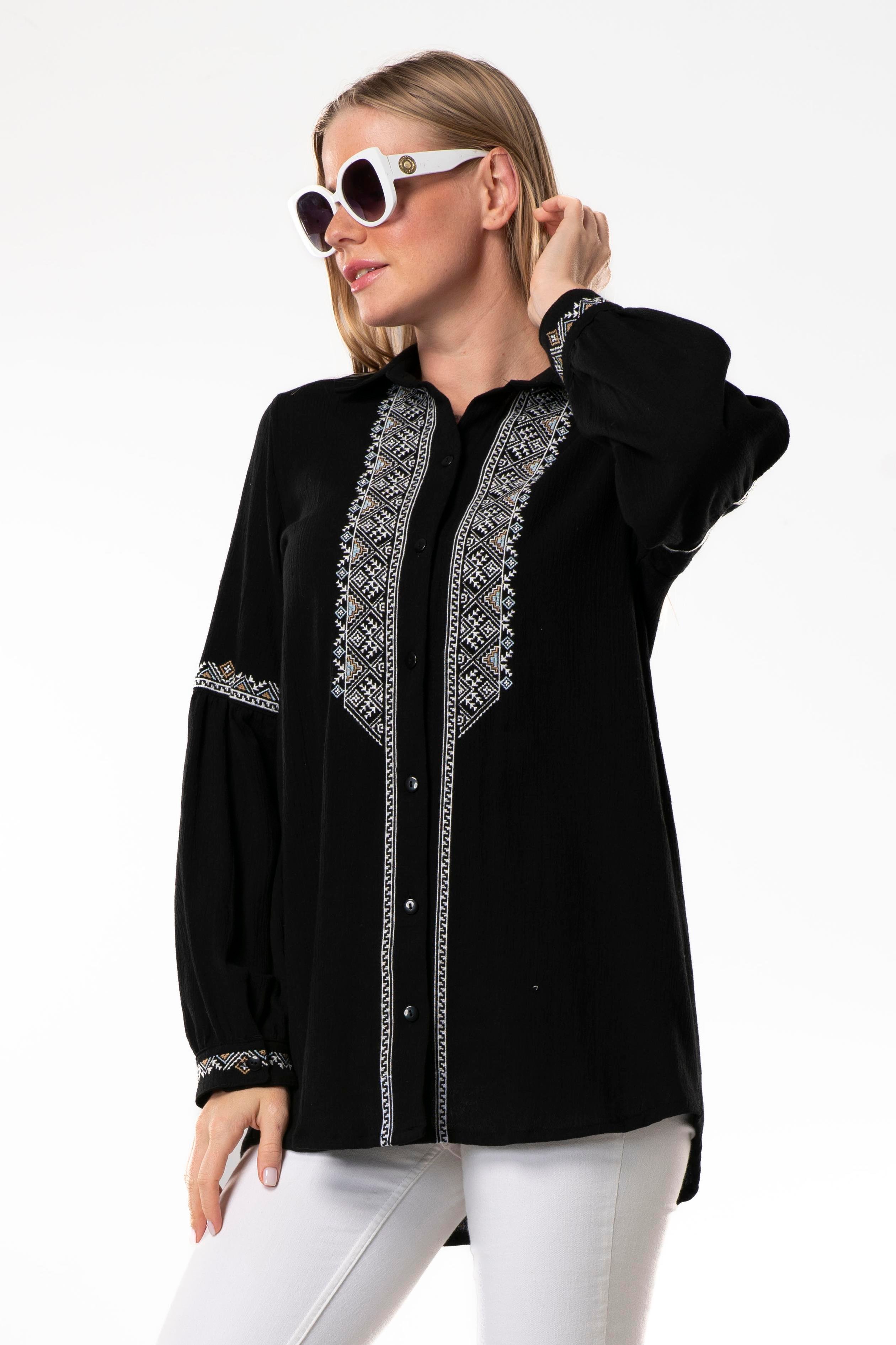 Uzun Kol Şile Bezi Maviş Nakış İşlemeli Yazlık Gömlek Siyah Syh