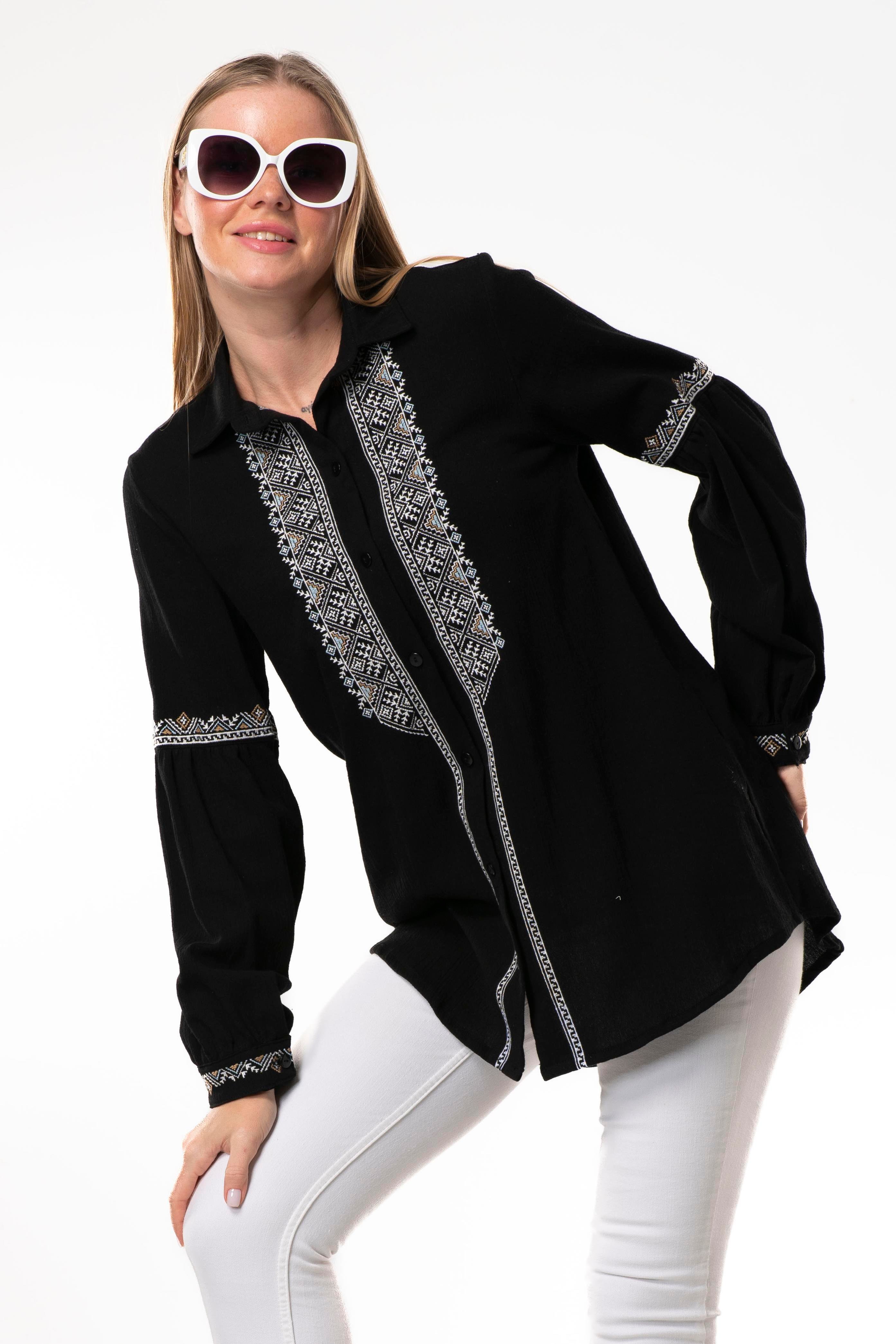 Uzun Kol Şile Bezi Maviş Nakış İşlemeli Yazlık Gömlek Siyah Syh