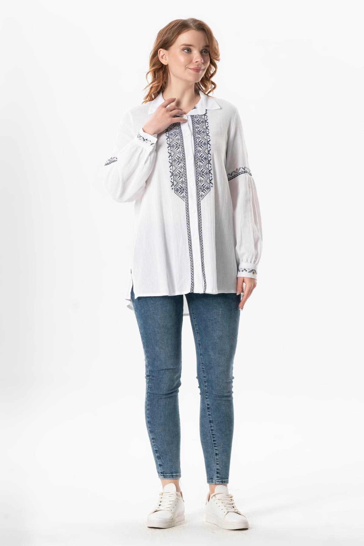 Uzun Kol Şile Bezi Maviş Nakış İşlemeli Yazlık Gömlek Beyaz Byz