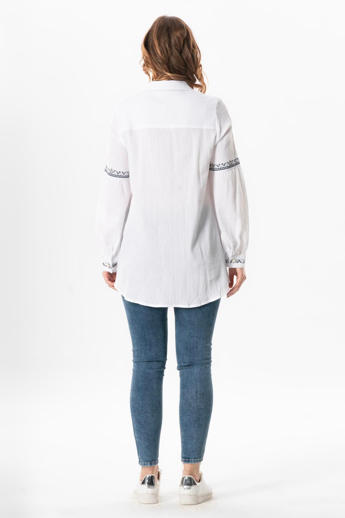 Uzun Kol Şile Bezi Maviş Nakış İşlemeli Yazlık Gömlek Beyaz Byz
