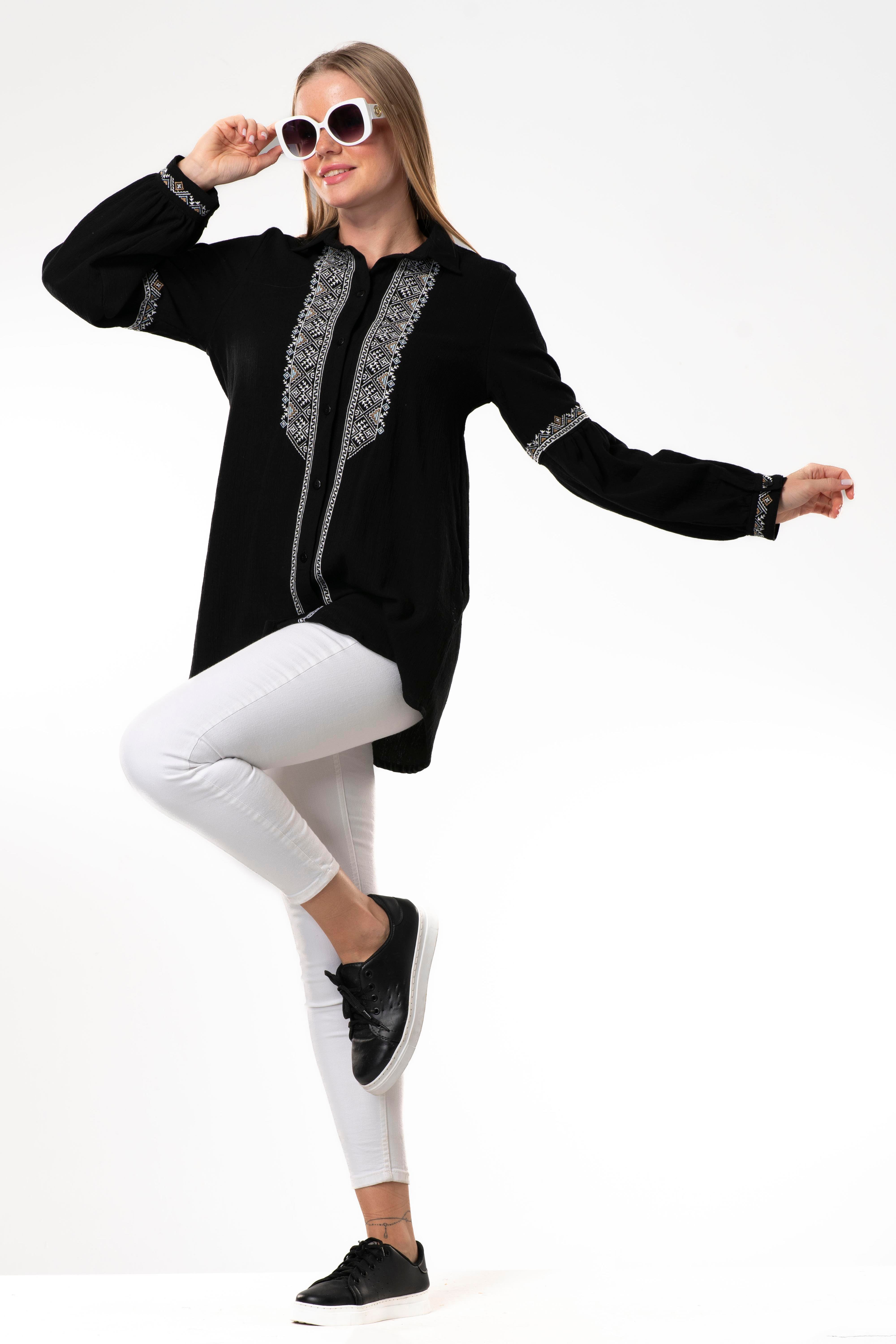 Uzun Kol Şile Bezi Maviş Nakış İşlemeli Yazlık Gömlek Siyah Syh