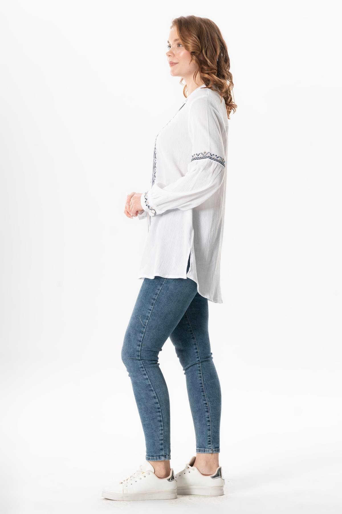 Uzun Kol Şile Bezi Maviş Nakış İşlemeli Yazlık Gömlek Beyaz Byz