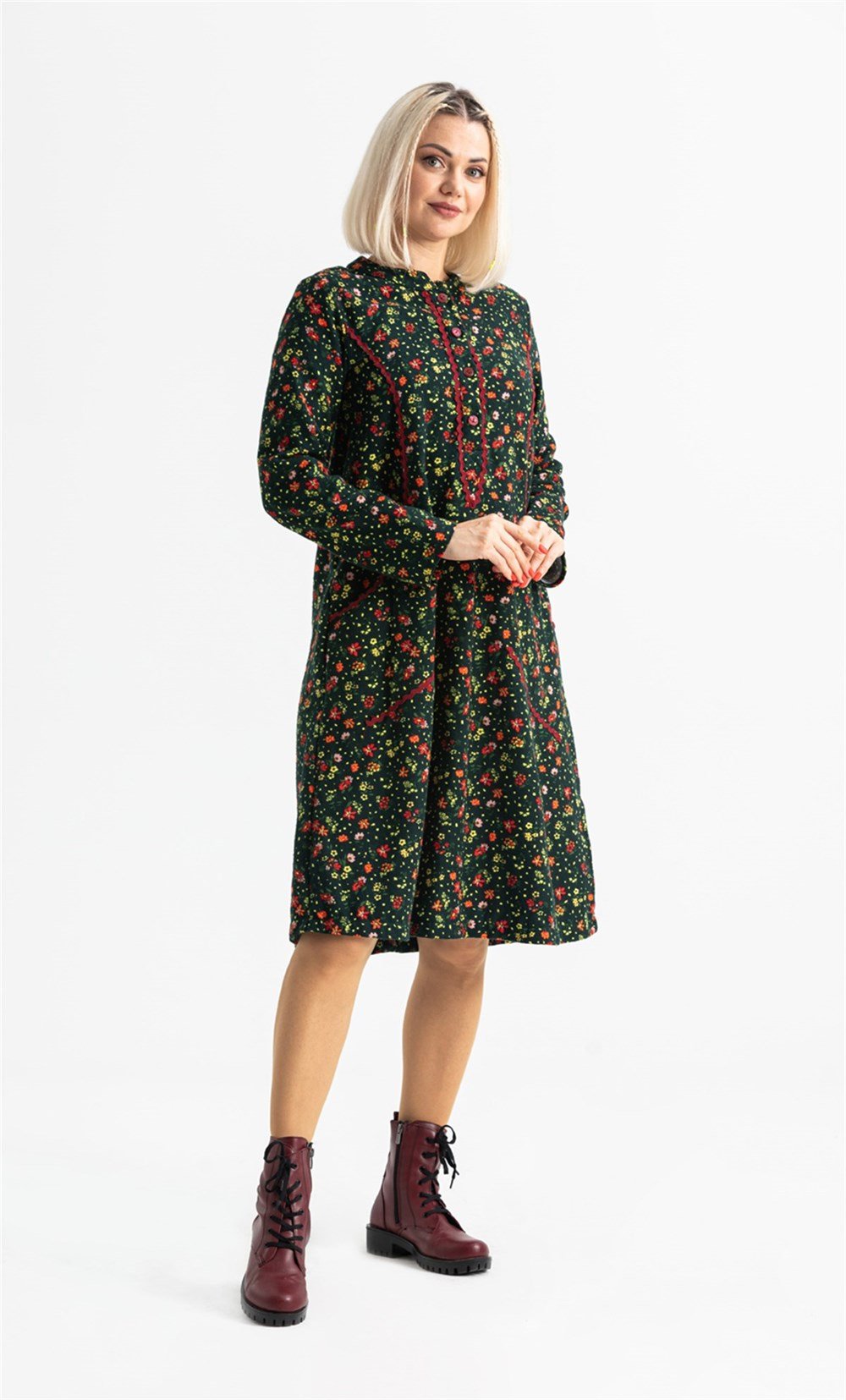 Uzun Kol Sudenaz Pazen Kısa Elbise Çiçek Desen Yeşil Ysl