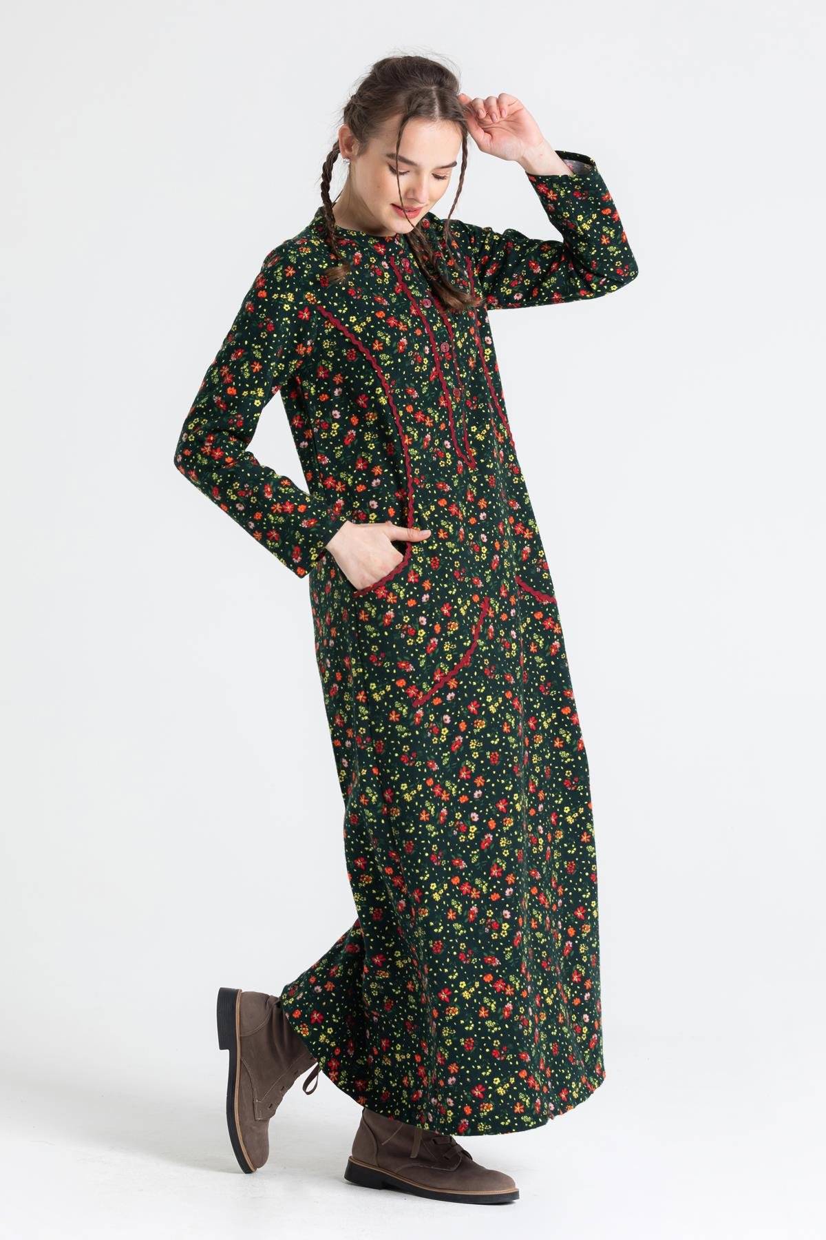 Uzun Kol Sudenaz Pazen Uzun Elbise Çiçek Desen Yeşil Ysl