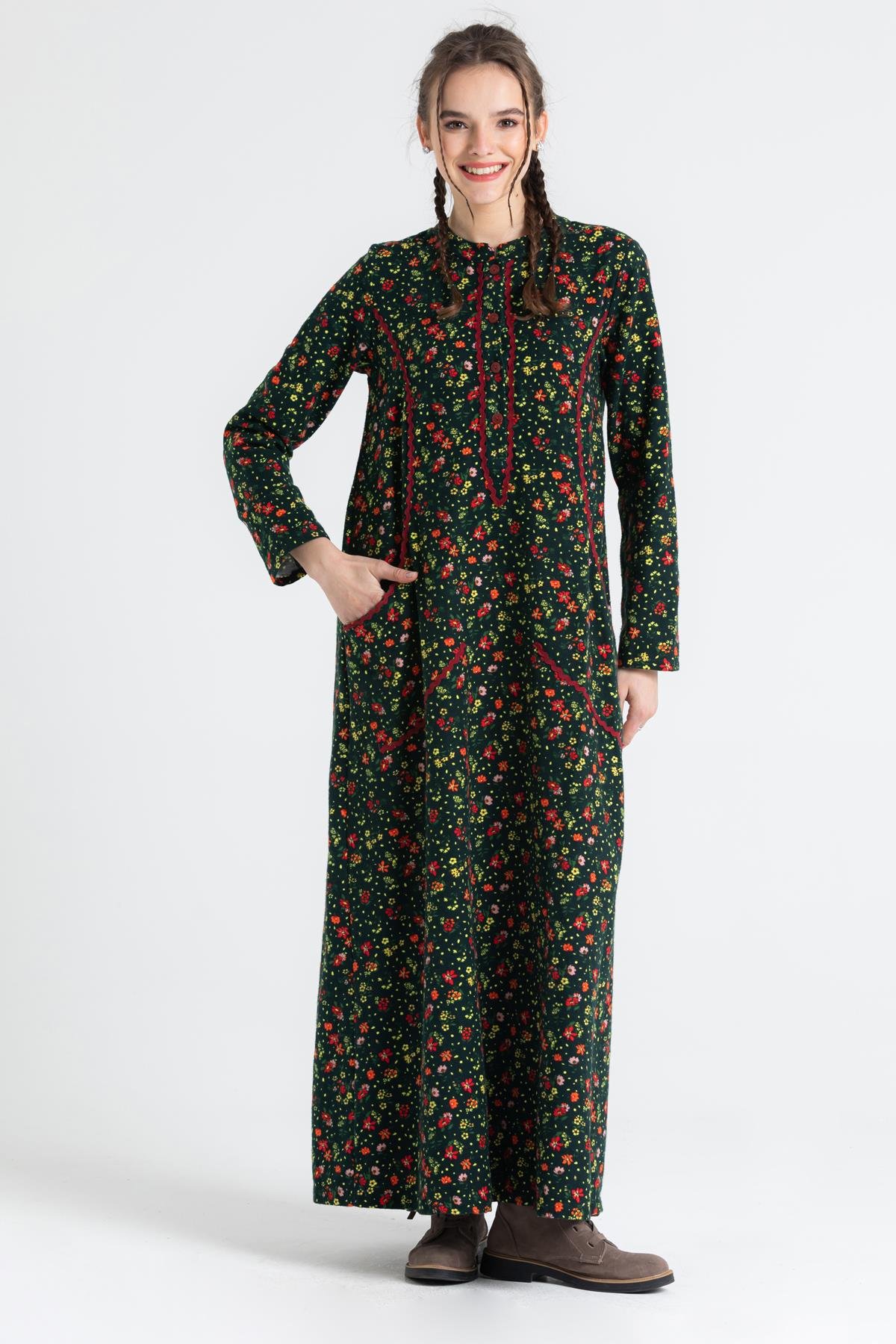 Uzun Kol Sudenaz Pazen Uzun Elbise Çiçek Desen Yeşil Ysl