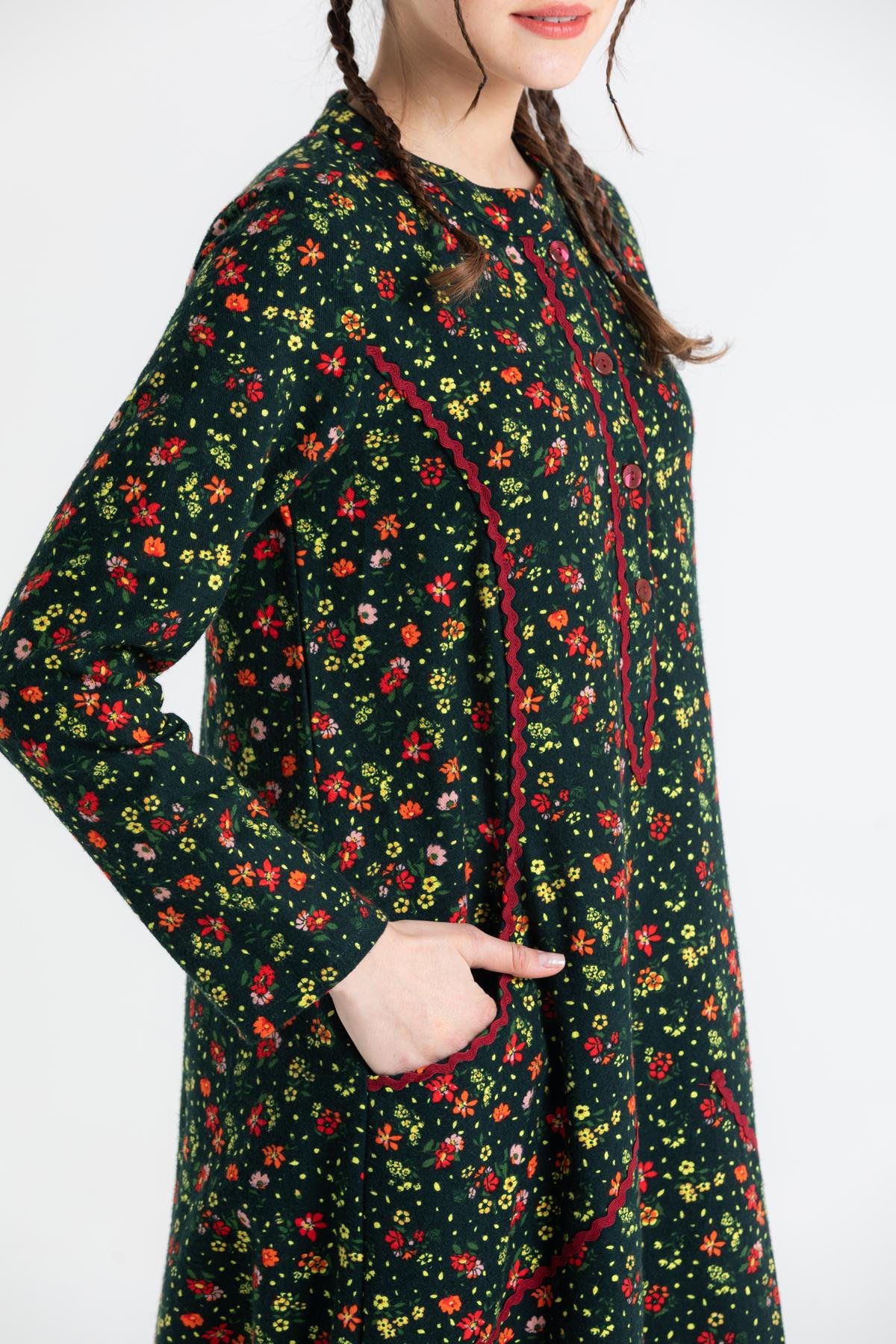 Uzun Kol Sudenaz Pazen Uzun Elbise Çiçek Desen Yeşil Ysl