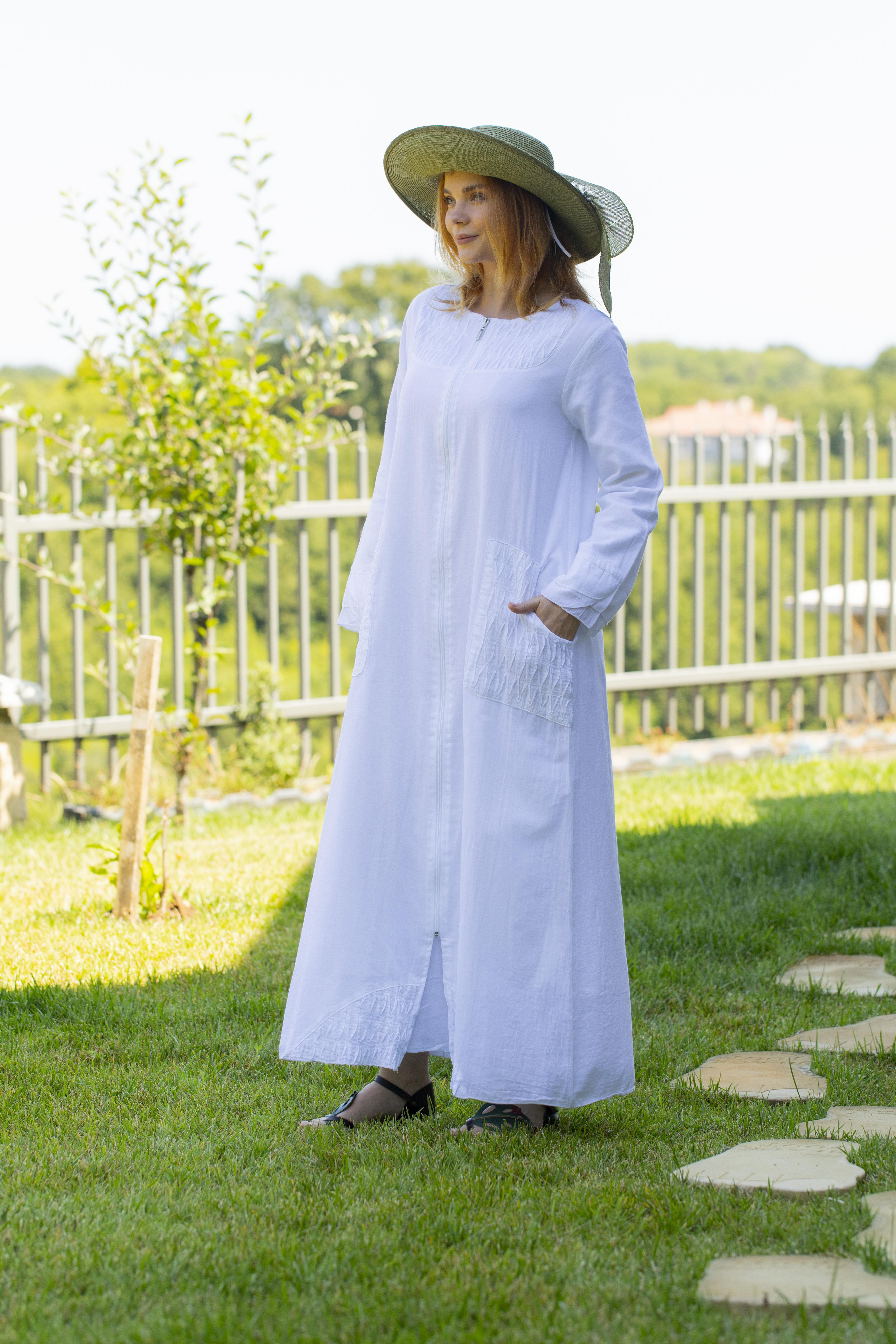 Uzun Kol Vual Tülay Nervürlü Yazlık Ferace Beyaz Byz