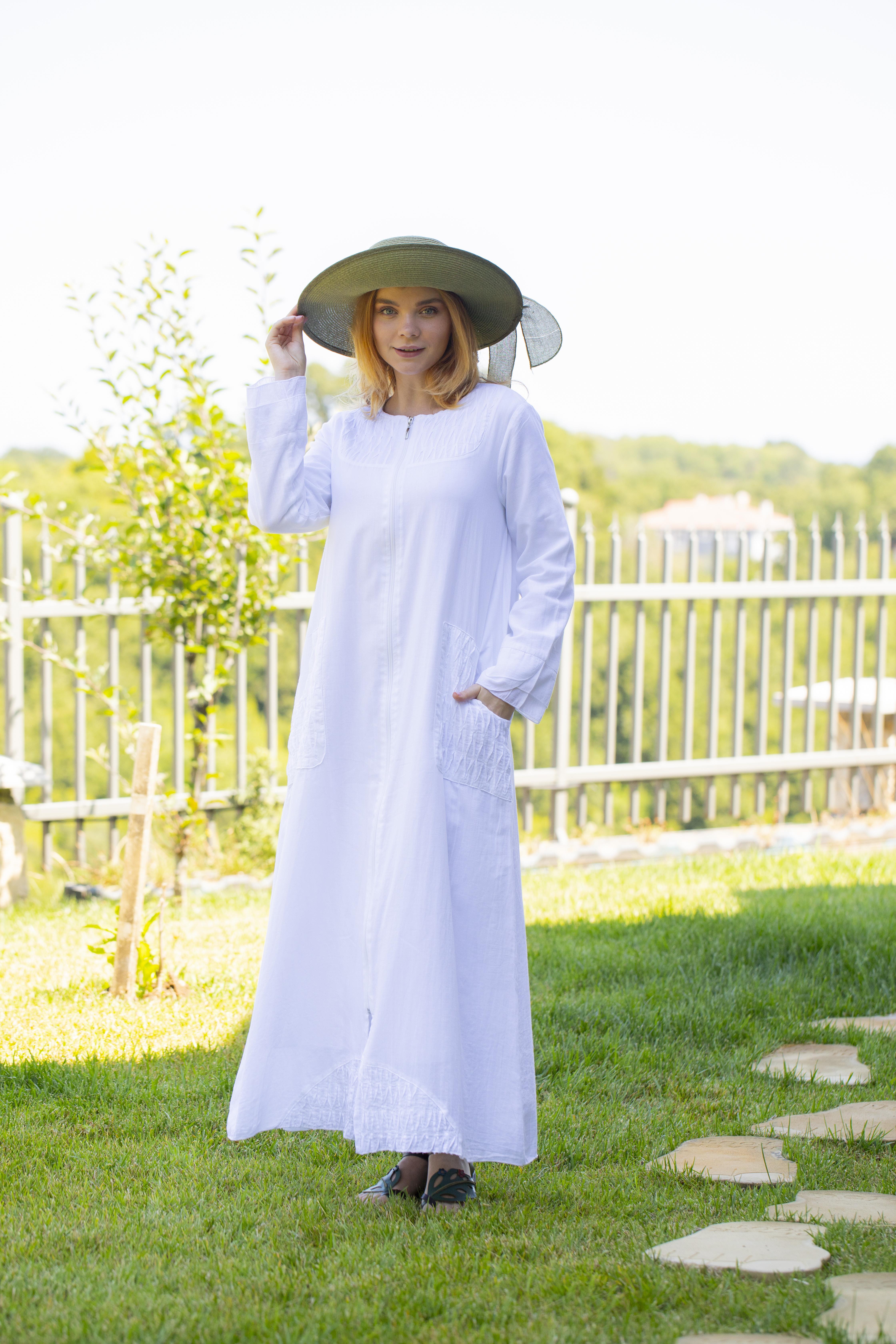 Uzun Kol Vual Tülay Nervürlü Yazlık Ferace Beyaz Byz