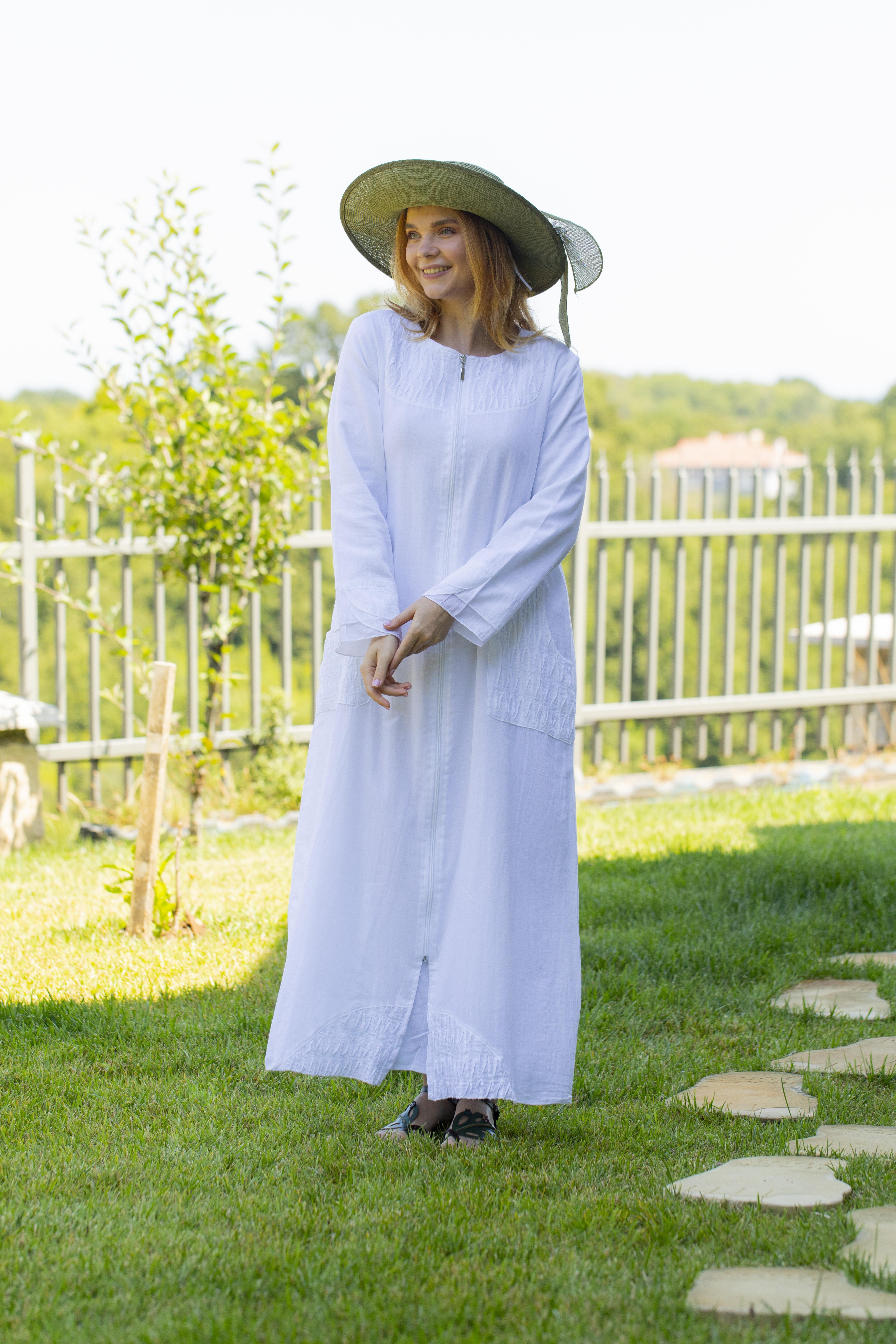 Uzun Kol Vual Tülay Nervürlü Yazlık Ferace Beyaz Byz