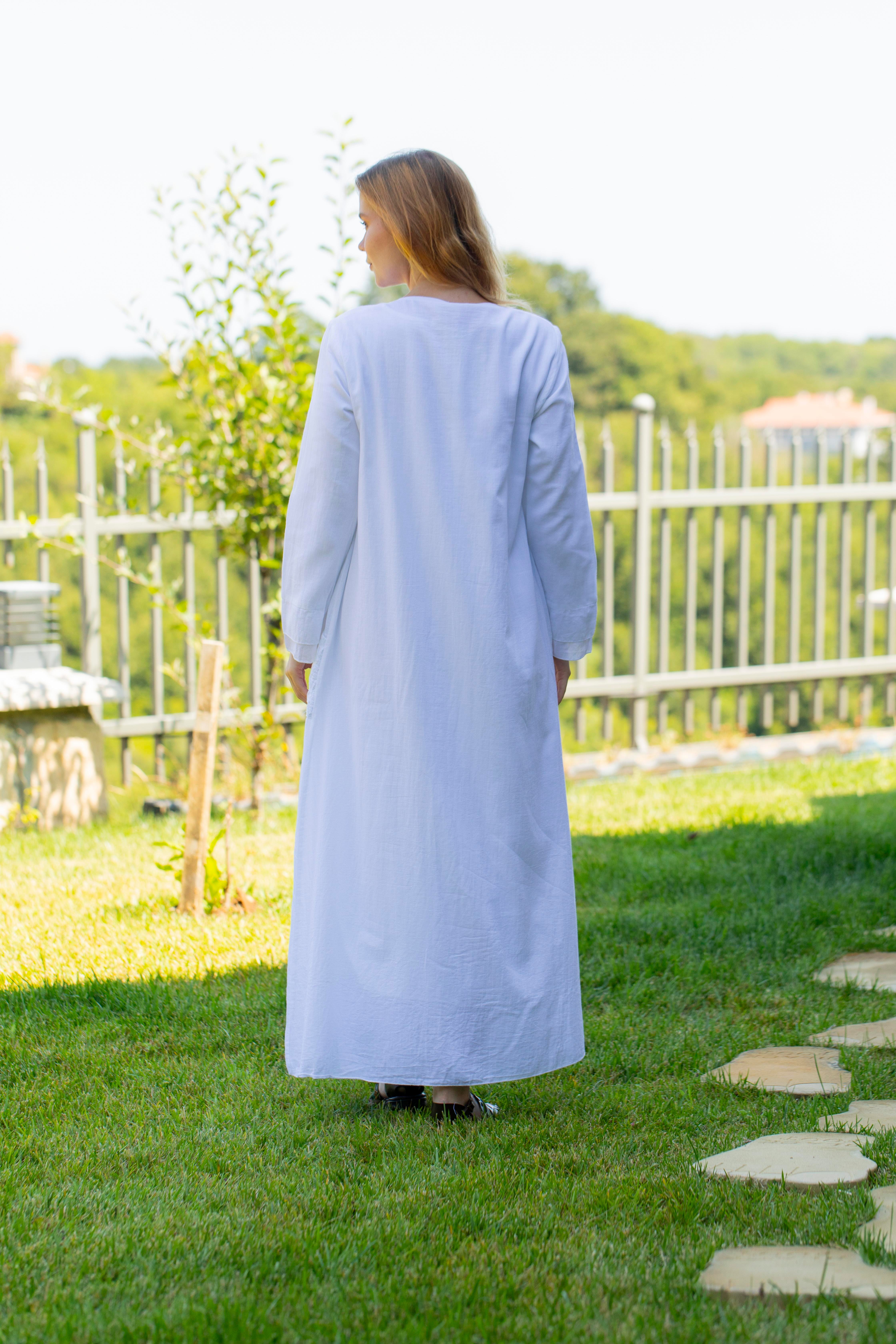 Uzun Kol Vual Tülay Nervürlü Yazlık Ferace Beyaz Byz