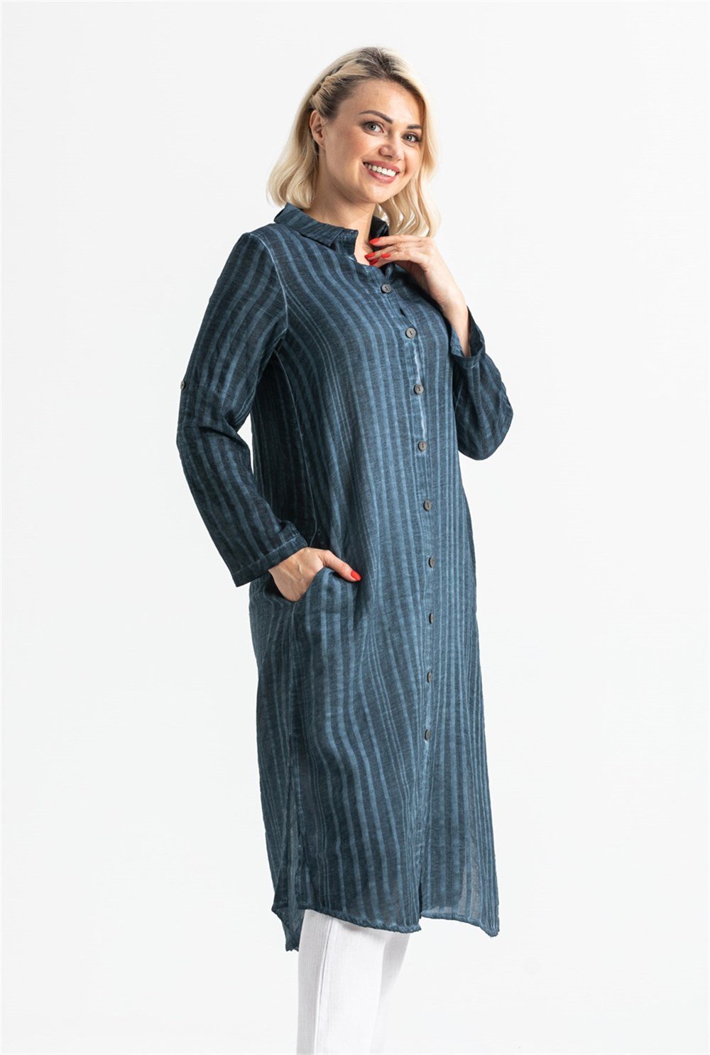 Uzun Kol Yakalı Gofre Tunik Yeşil 9014