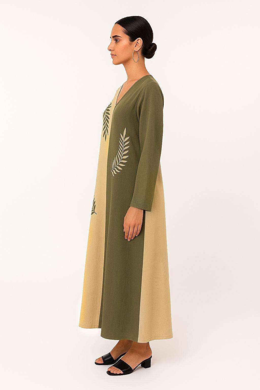 Uzun Kol Yaprak V Yaka Baskılı Müslin Uzun Otantik Yazlık Elbise Vizon/Haki Vzn/Hk