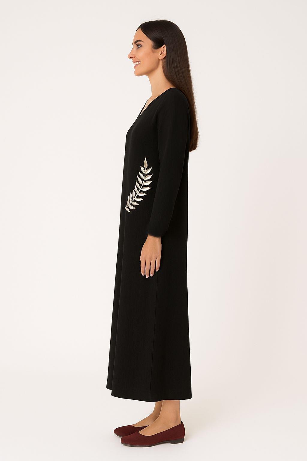 Uzun Kol Yaprak V Yaka Baskılı Müslin Uzun Otantik Yazlık Elbise Siyah-Siyah Syh/Syh