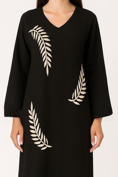 Uzun Kol Yaprak V Yaka Baskılı Müslin Uzun Otantik Yazlık Elbise Siyah-Siyah Syh/Syh