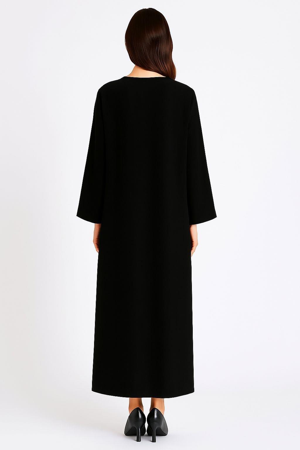 Uzun Kol Yaprak V Yaka Baskılı Müslin Uzun Otantik Yazlık Elbise Siyah/Vizon Syh/Vzn