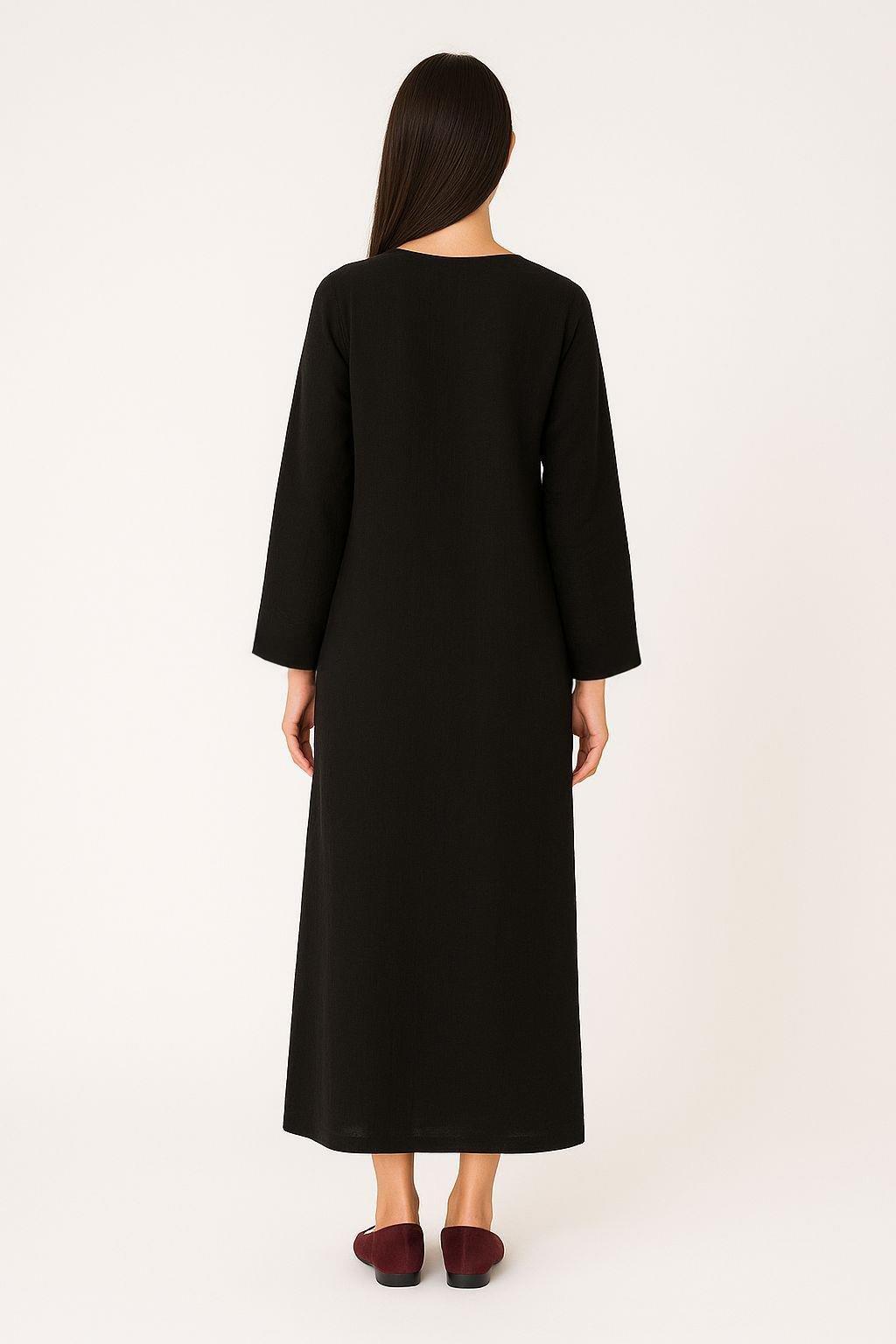 Uzun Kol Yaprak V Yaka Baskılı Müslin Uzun Otantik Yazlık Elbise Siyah-Siyah Syh/Syh