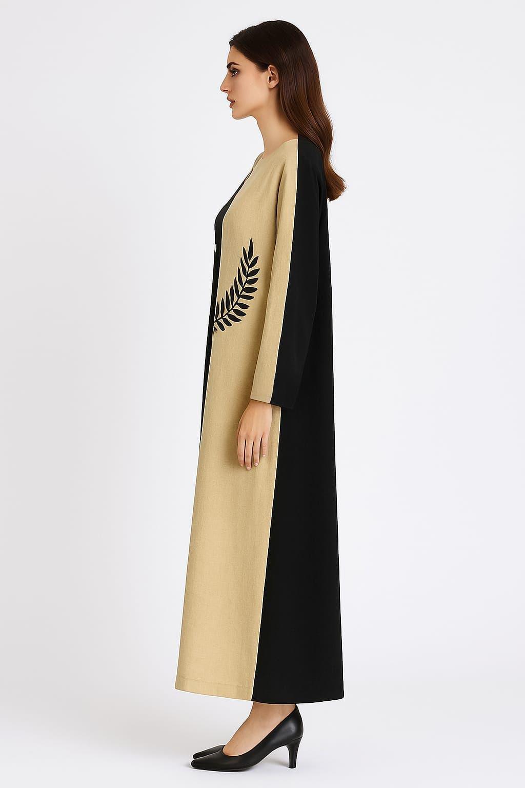 Uzun Kol Yaprak V Yaka Baskılı Müslin Uzun Otantik Yazlık Elbise Siyah/Vizon Syh/Vzn