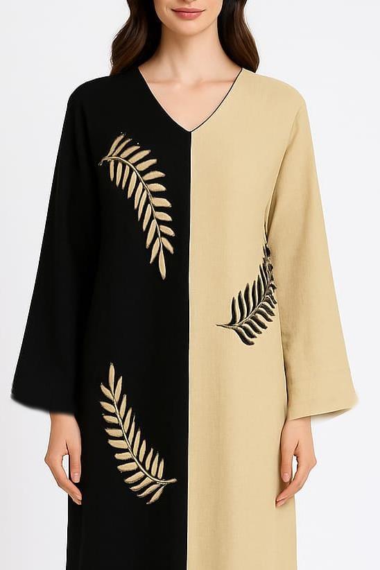 Uzun Kol Yaprak V Yaka Baskılı Müslin Uzun Otantik Yazlık Elbise Siyah/Vizon Syh/Vzn