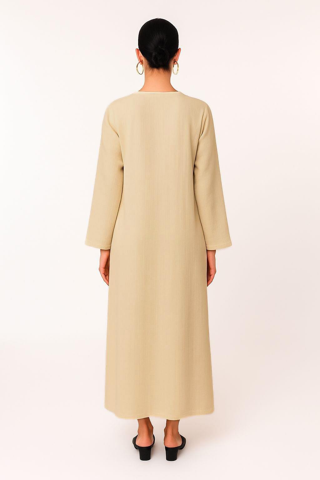 Uzun Kol Yaprak V Yaka Baskılı Müslin Uzun Otantik Yazlık Elbise Vizon/Haki Vzn/Hk