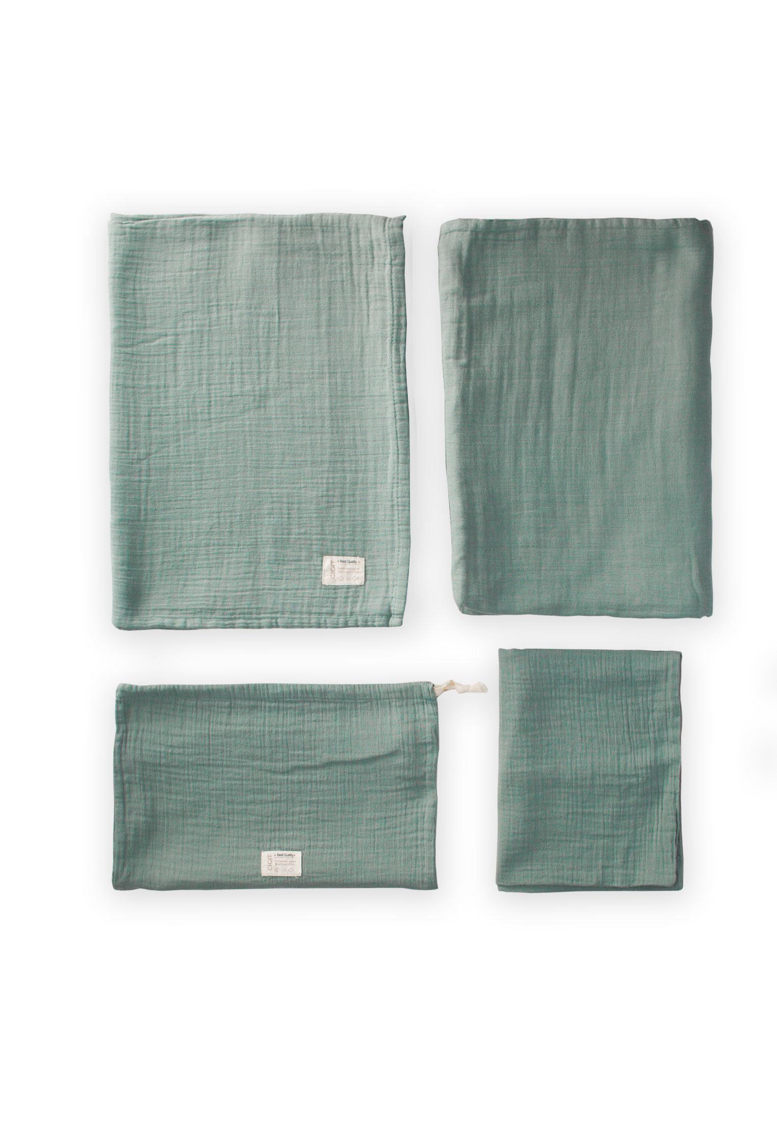 CigitKeseli Müslin Nevresim Takımı 100X135 cm +/ - 3cm Çarşaf 120X150 Yastık 35X45 cm ÇAĞLA YEŞİLİ