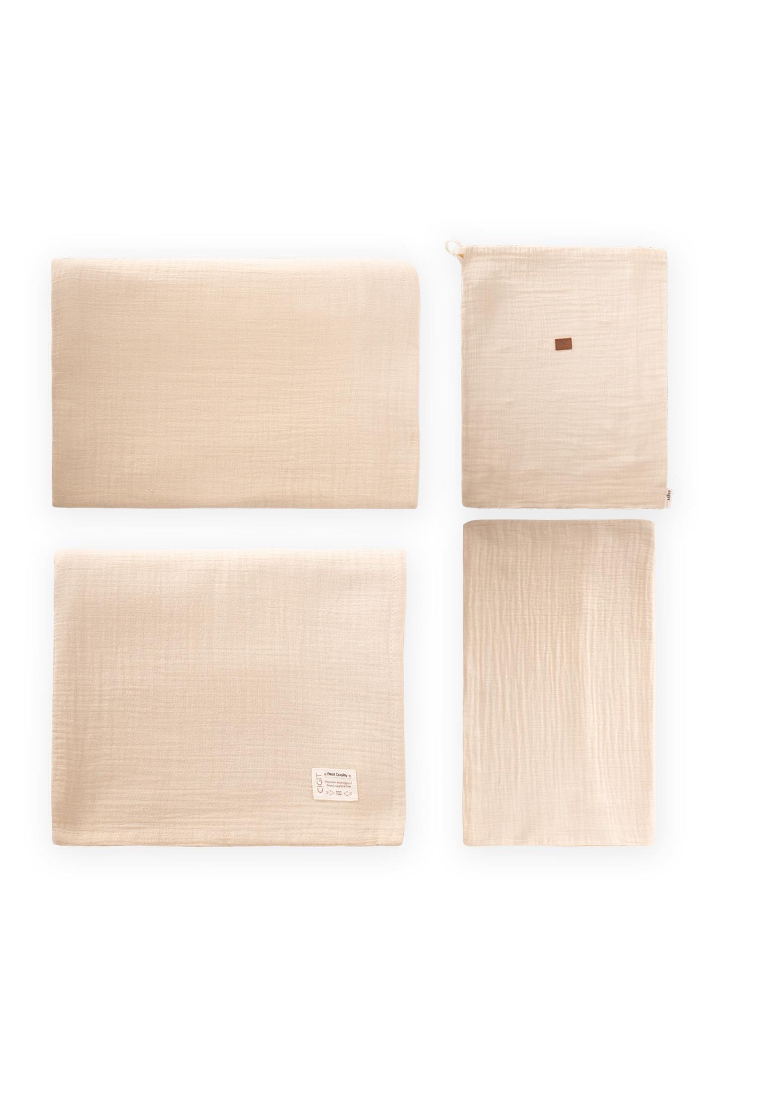 CigitKeseli Müslin Nevresim Takımı 100X135 cm +/ - 3cm Çarşaf 120X150 Yastık 35X45 cm KUM