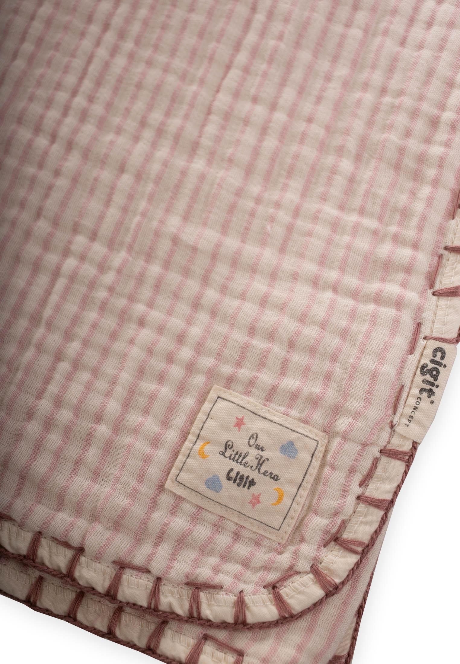 CigitÇift Kat El İşi Müslin Üçgen Havlu (Yıkanmıştır) 75X75 cm PEMBE İNCE ÇİZGİ