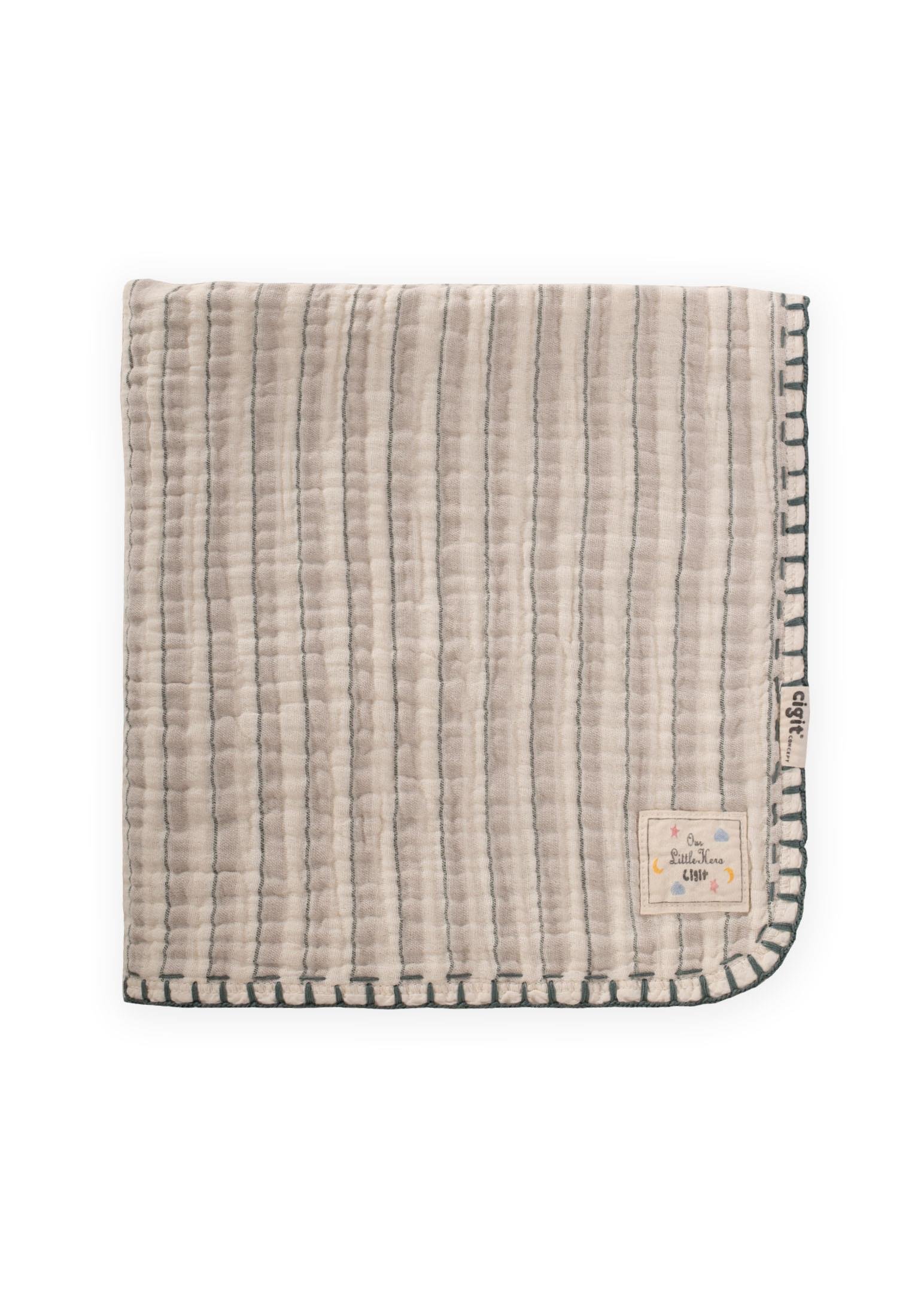 CigitÇift Kat El İşi Müslin Üçgen Havlu (Yıkanmıştır) 75X75 cm GRİ YEŞ ÇİZG