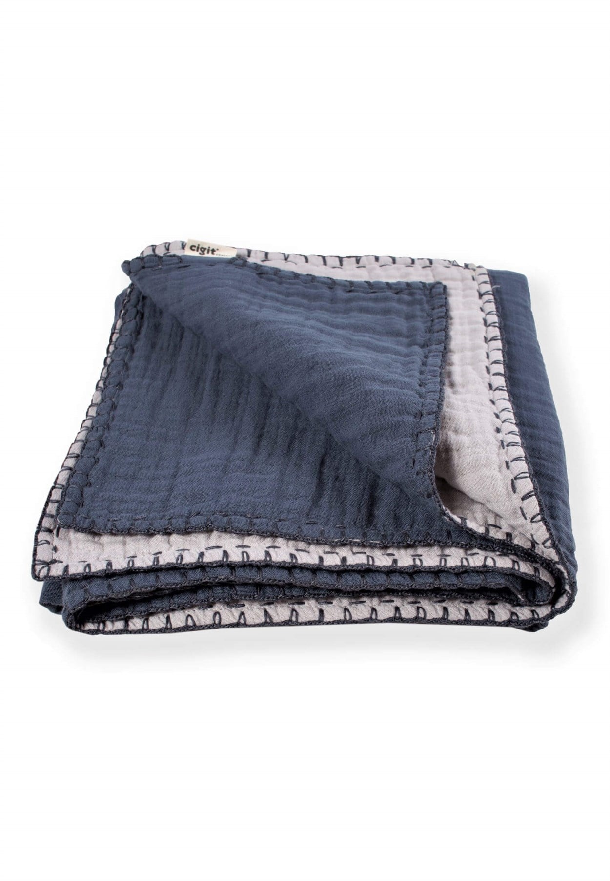 100181-427CigitMüslin Çift Taraflı El İşili Bebek Battaniye (Yıkanmıştır) 100X100 cm Füme Gri