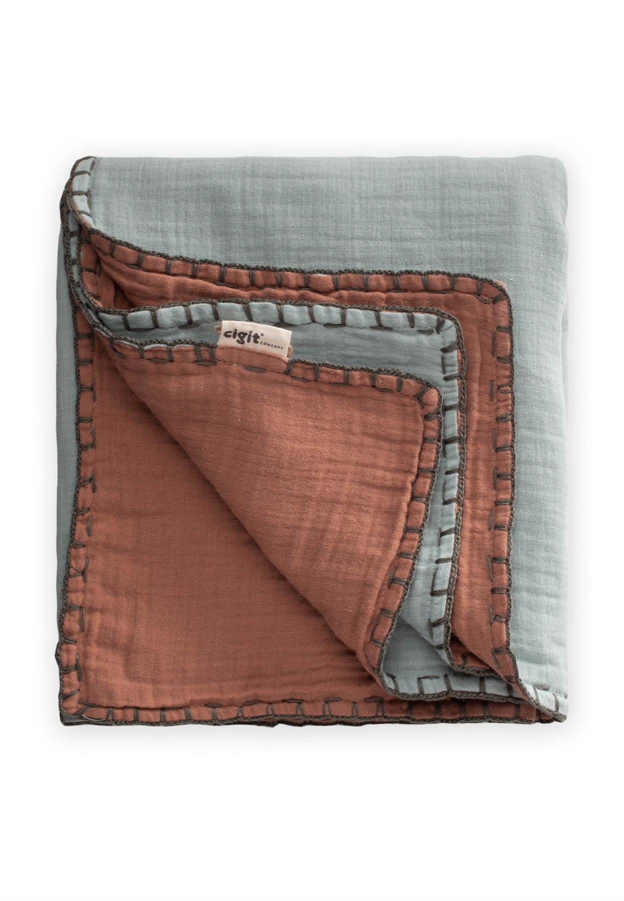 CigitMüslin Çift Taraflı El İşili Bebek Battaniye (Yıkanmıştır) 100X100 cm MİNT-KAHVE