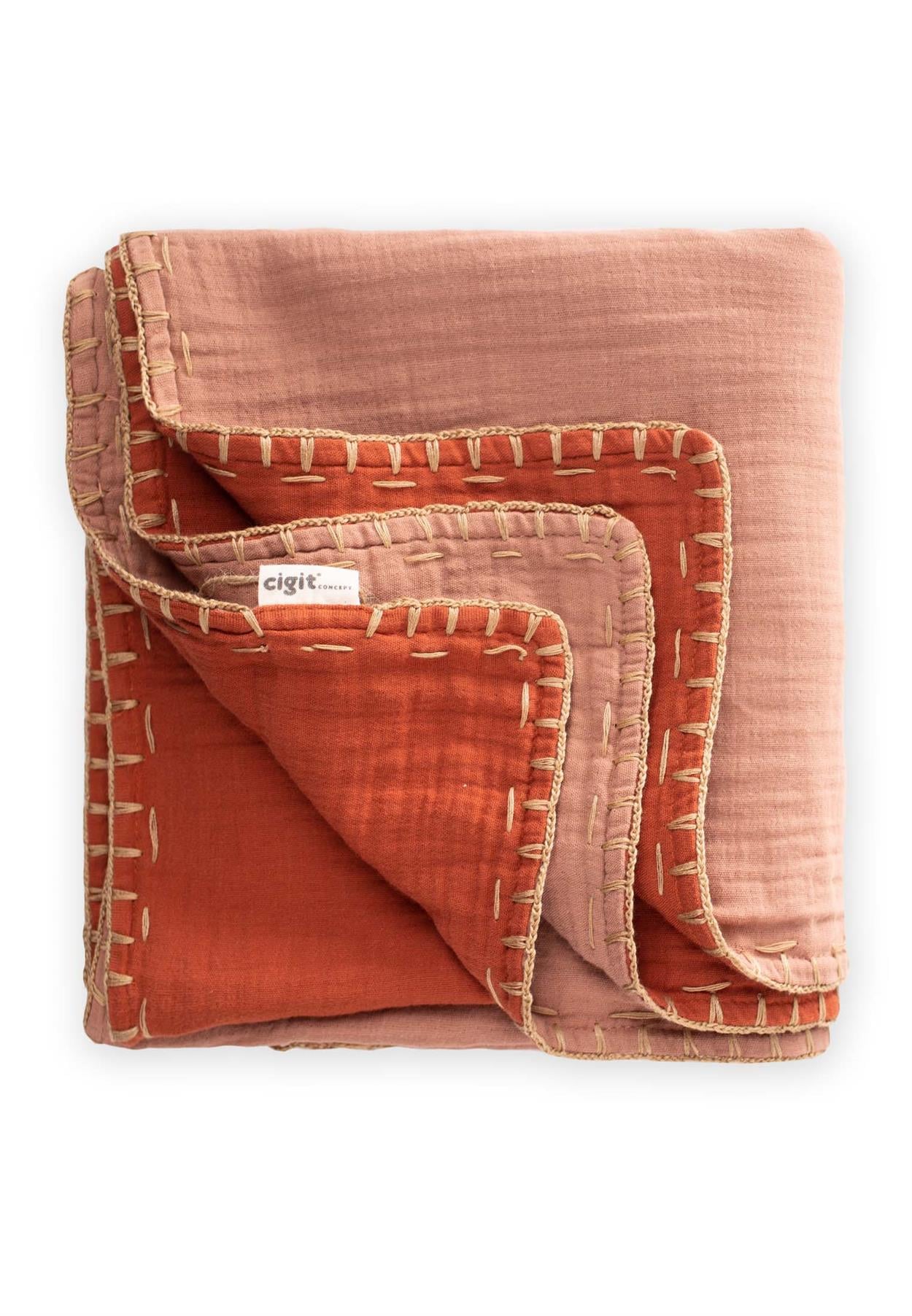 CigitMüslin Çift Taraflı El İşili Bebek Battaniye (Yıkanmıştır) 100X100 cm KAHVE-KİREMİT