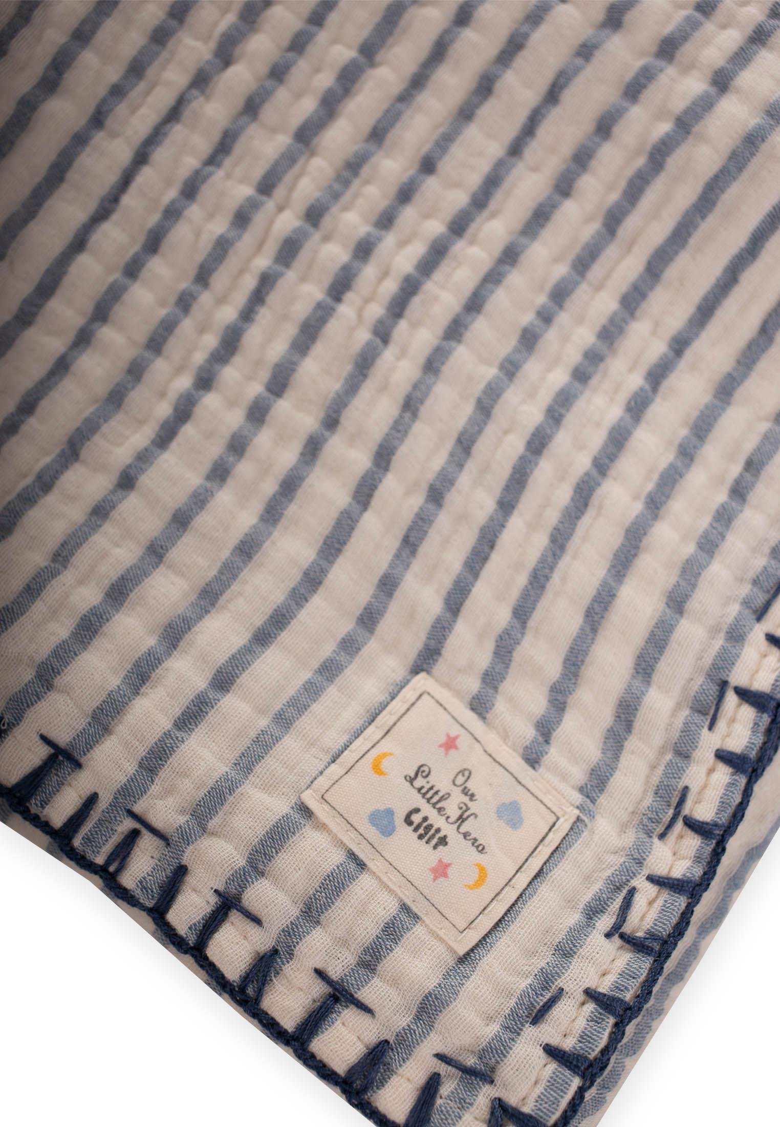 CigitMüslin Çift Taraflı El İşili Bebek Battaniye (Yıkanmıştır) 100X100 cm İNDİGO ÇİZGİLİ