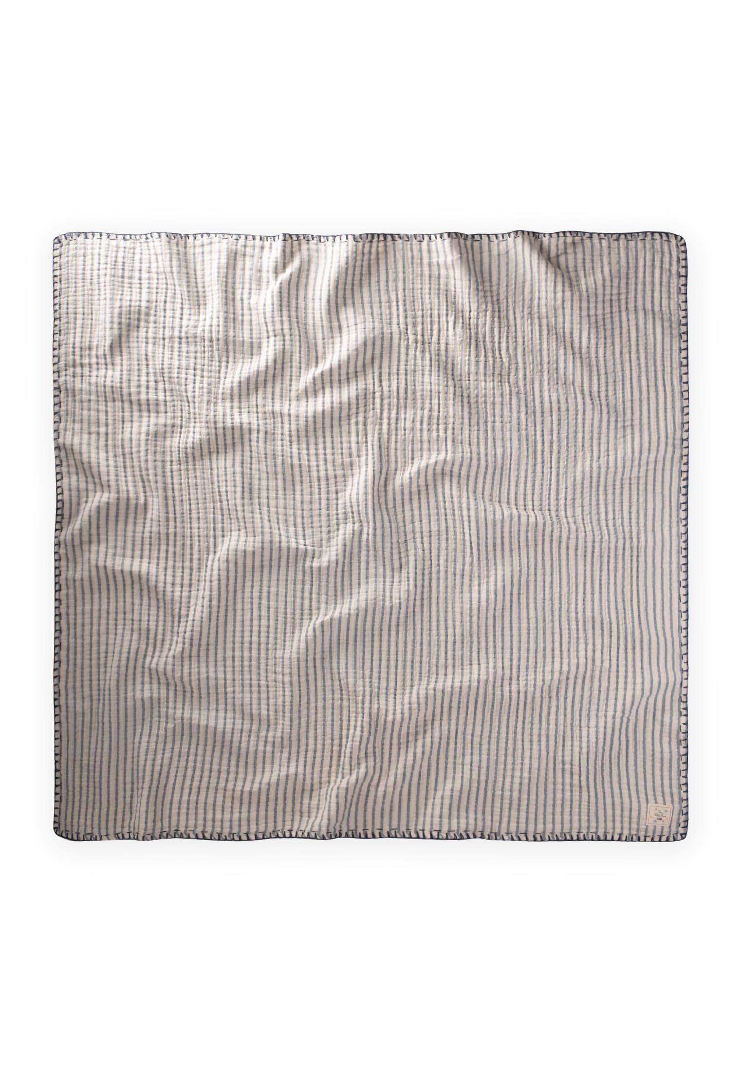 CigitMüslin Çift Taraflı El İşili Bebek Battaniye (Yıkanmıştır) 100X100 cm İNDİGO ÇİZGİLİ