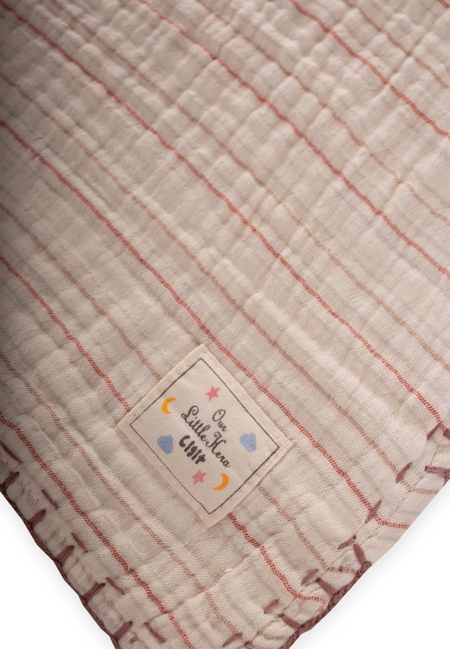 CigitMüslin Çift Taraflı El İşili Bebek Battaniye (Yıkanmıştır) 100X100 cm PEMBE İNCE ÇİZGİ