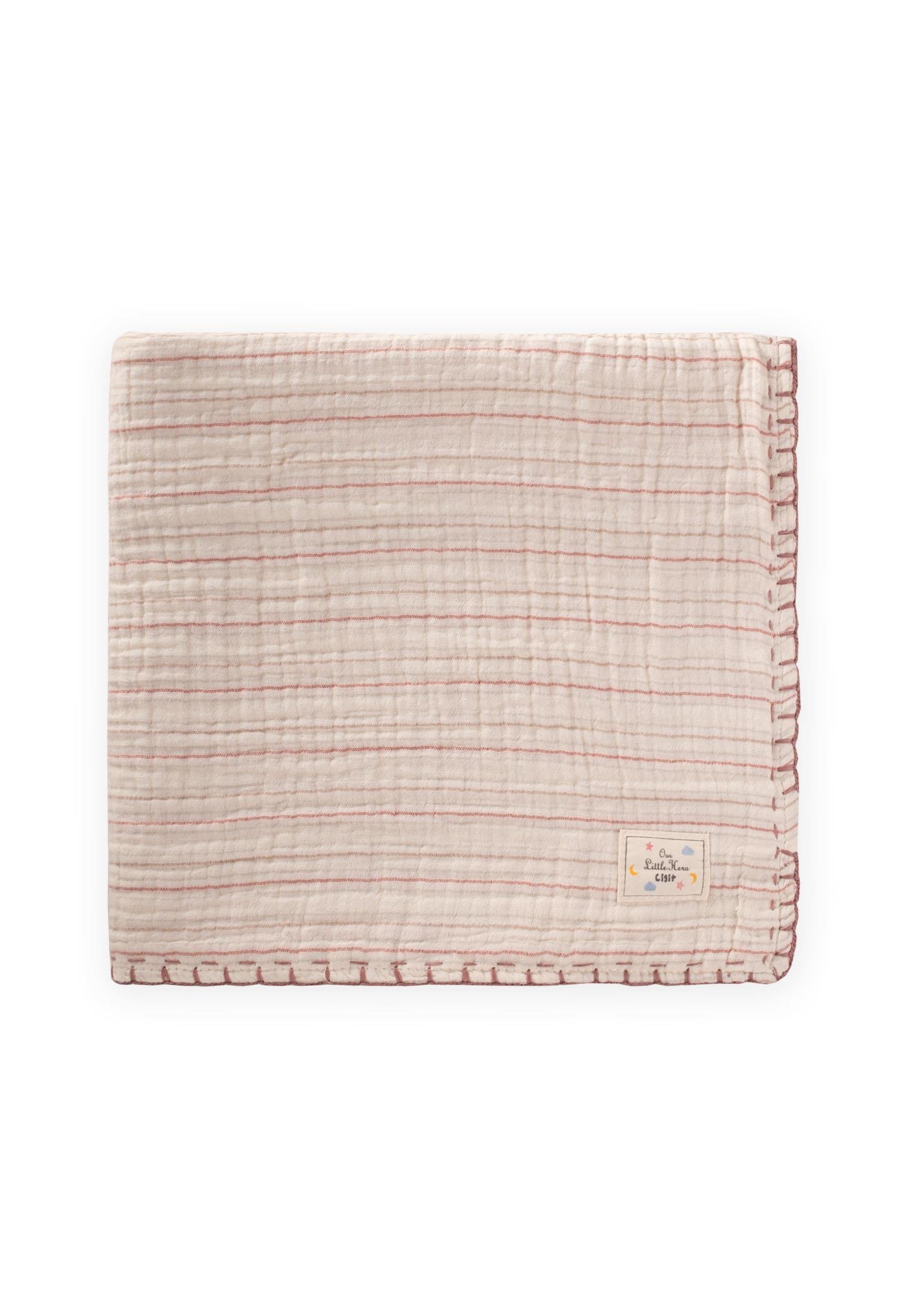 CigitMüslin Çift Taraflı El İşili Bebek Battaniye (Yıkanmıştır) 100X100 cm PEMBE İNCE ÇİZGİ