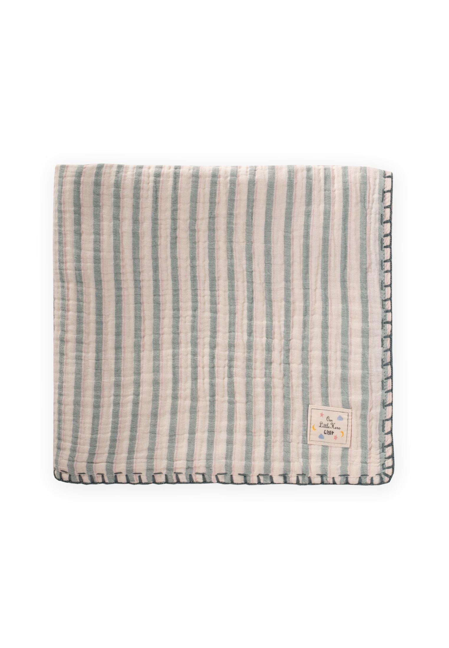 CigitMüslin Çift Taraflı El İşili Bebek Battaniye (Yıkanmıştır) 100X100 cm YEŞ PUDRA ÇİZG