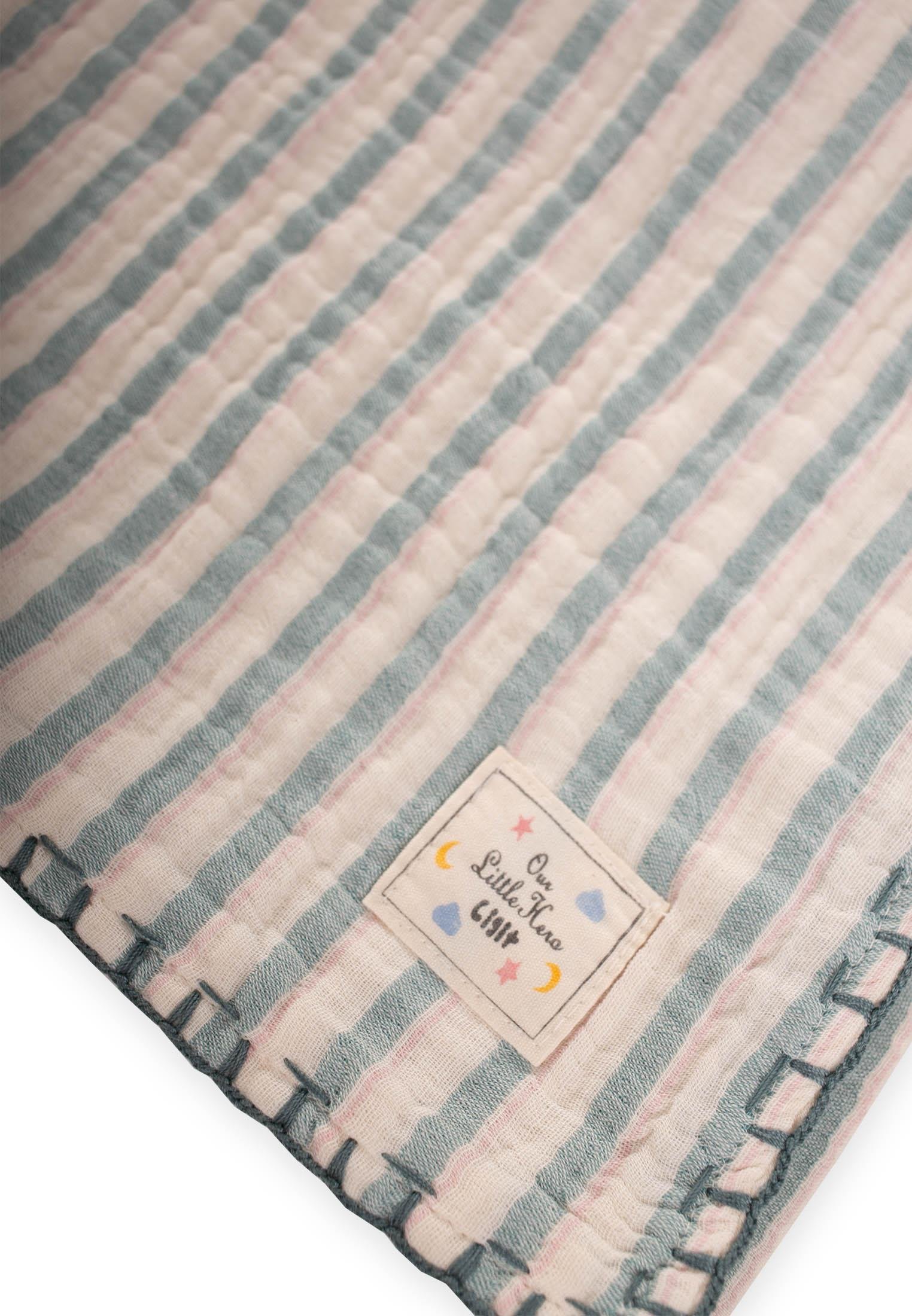 CigitMüslin Çift Taraflı El İşili Bebek Battaniye (Yıkanmıştır) 100X100 cm YEŞ PUDRA ÇİZG