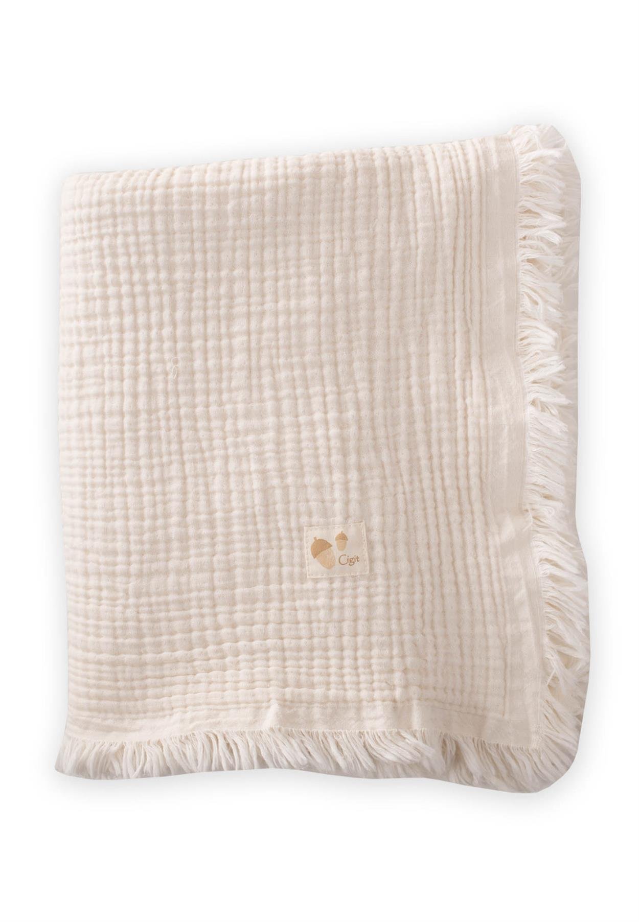 CigitDört Kat K. Püsküllü Battaniye 80X120 Cm NATUREL