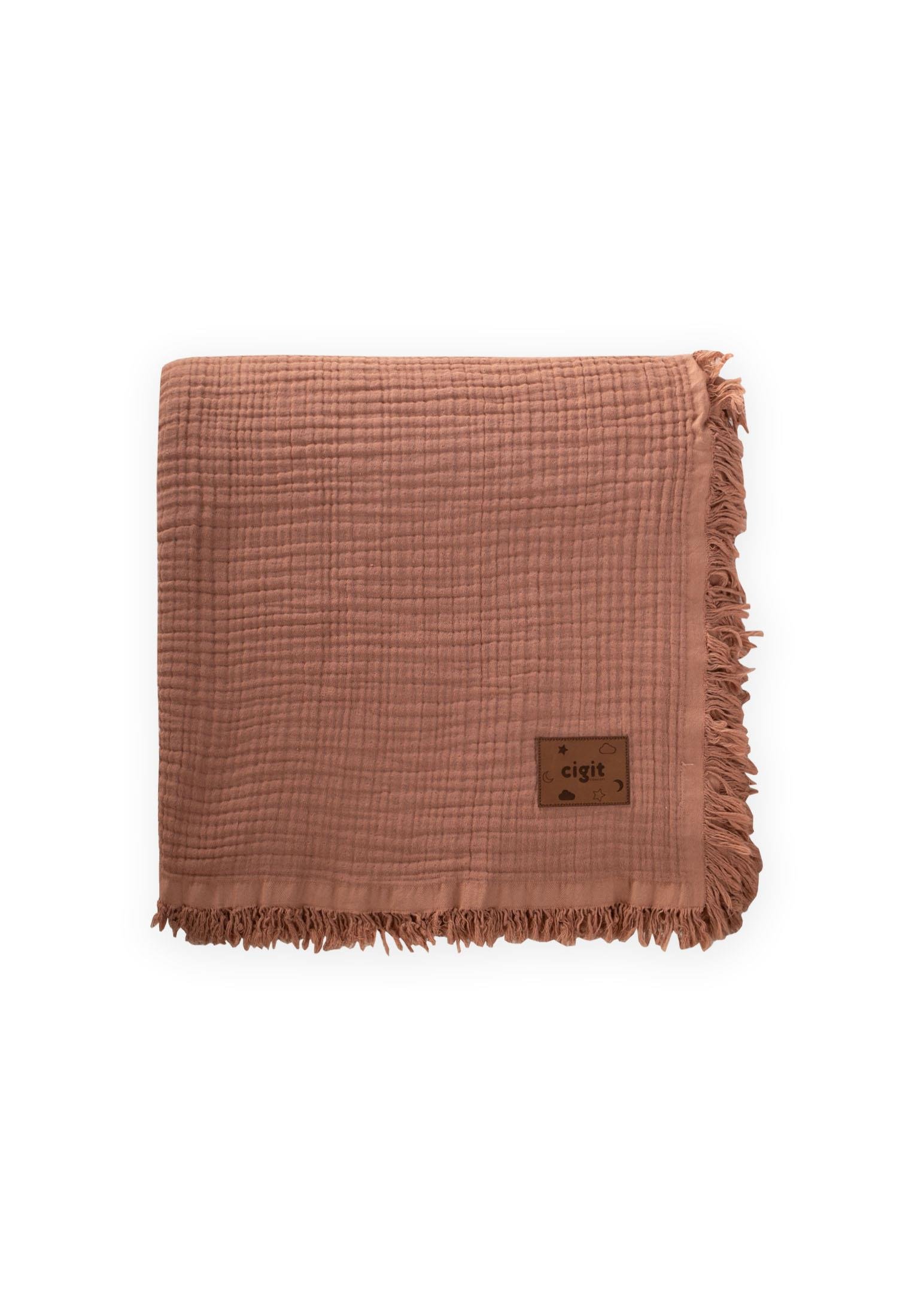 CigitFlora Model Dört Kat Saçaklı Battaniye 100X140 Cm A.KAHVE