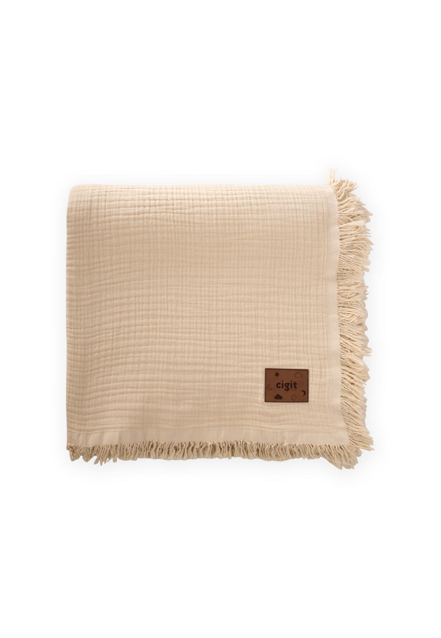 CigitFlora Model Dört Kat Saçaklı Battaniye 100X140 Cm KUM