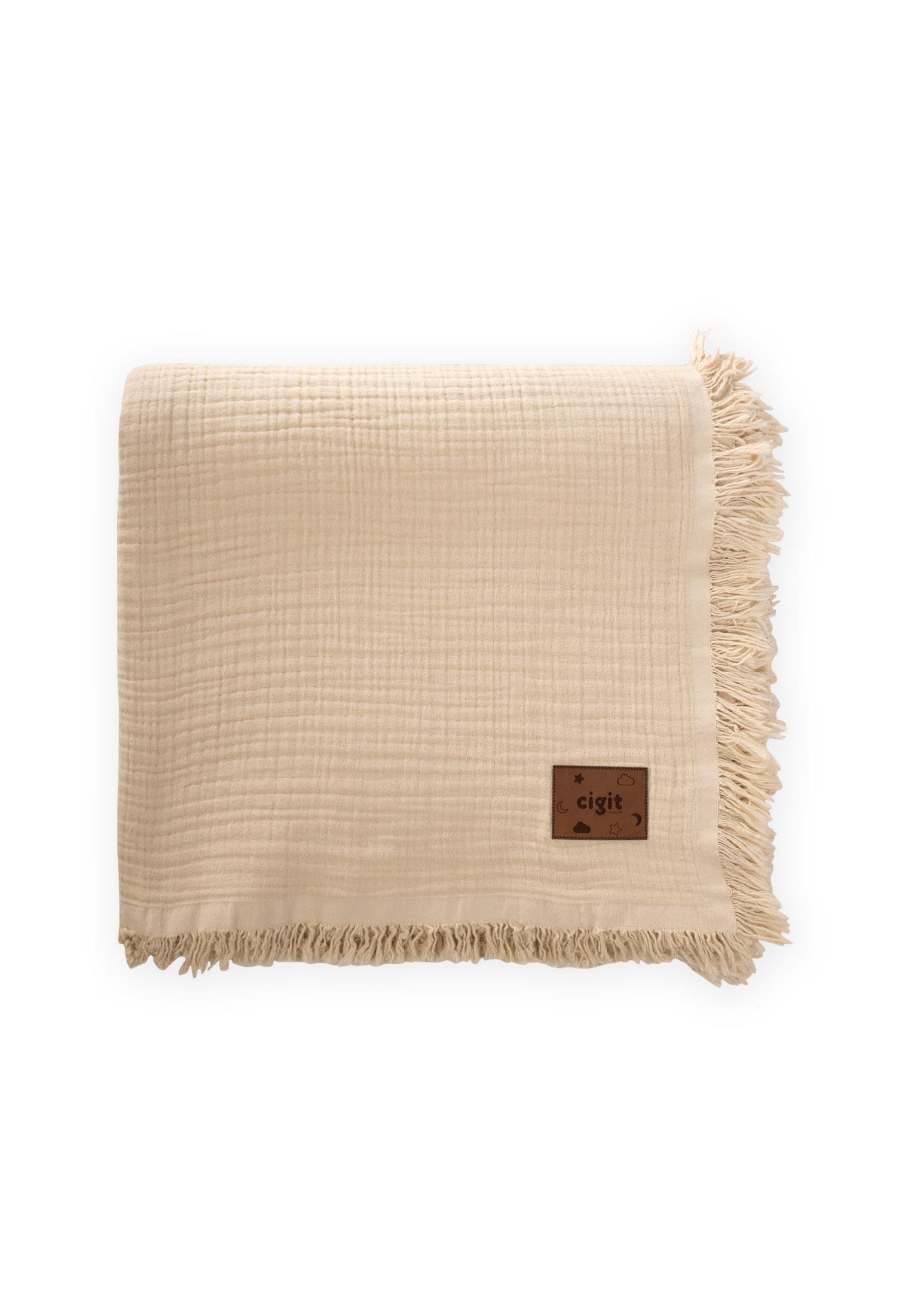 CigitBüyük Model Dört Kat Saçaklı Battaniye 140X200 Cm KUM