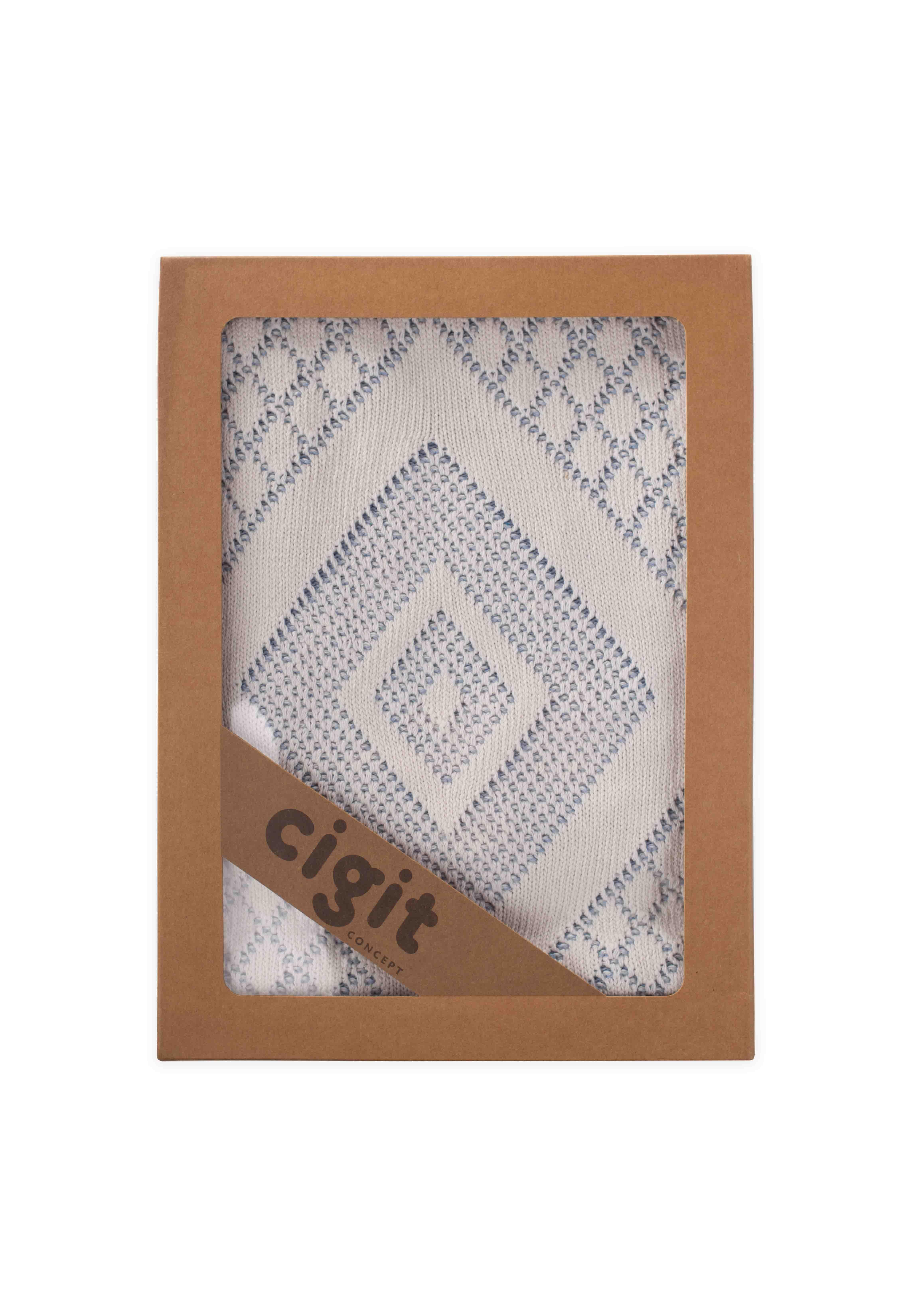 CigitFloransa Model Kutulu Battaniye 80X100 Cm EKRU MAVİ