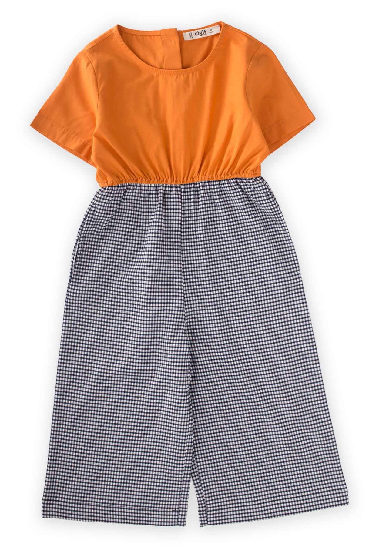 CigitPöti Kareli Kısa Kollu Tulum 2-7 Yaş ORANJ