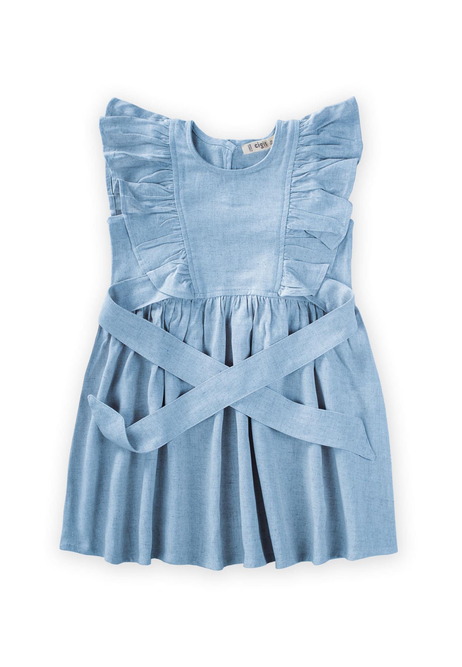 CigitYanları Bağcıklı Keten elbise 2-7 Yaş MAVİ