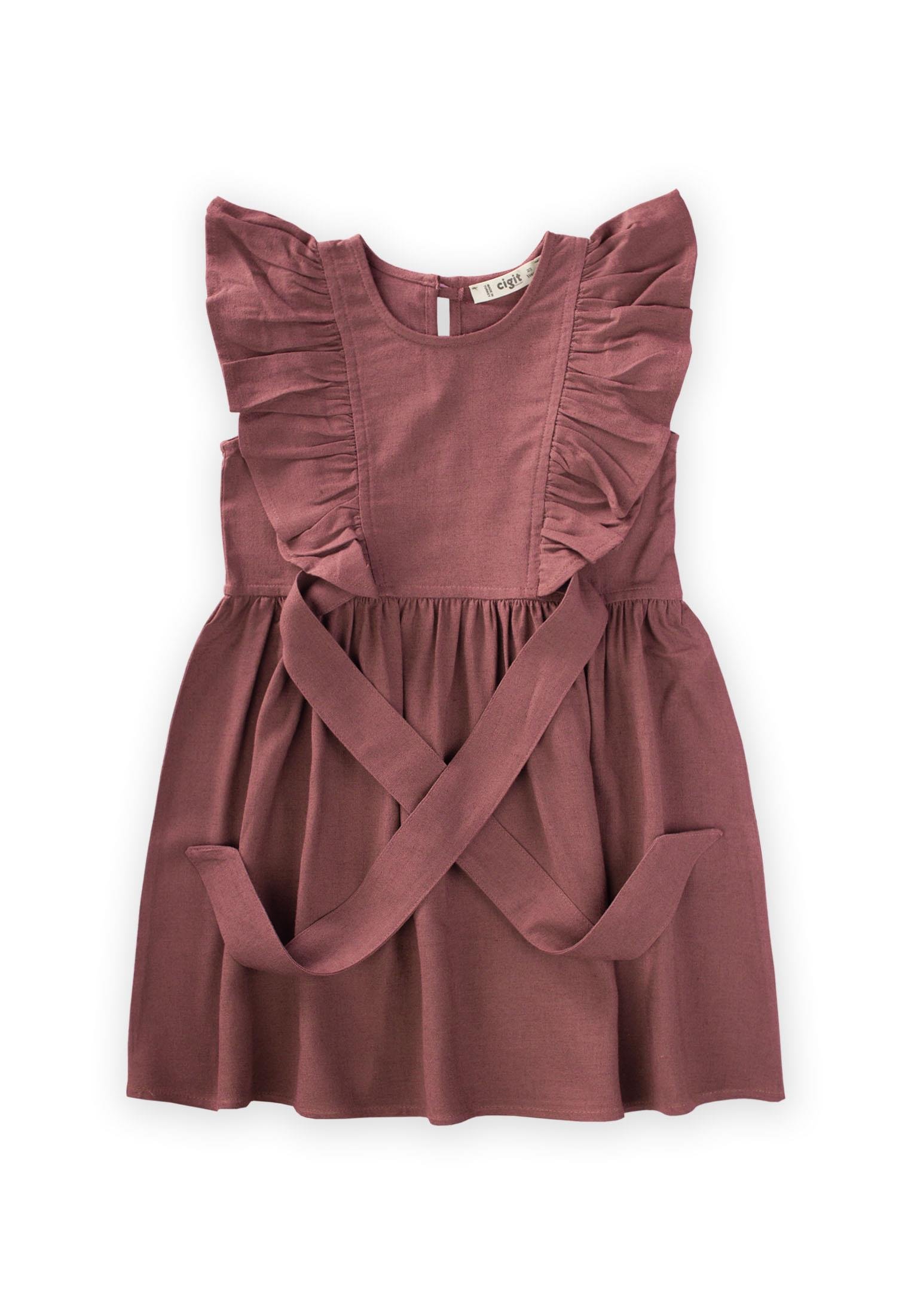 CigitYanları Bağcıklı Keten elbise 2-7 Yaş MÜRDÜM