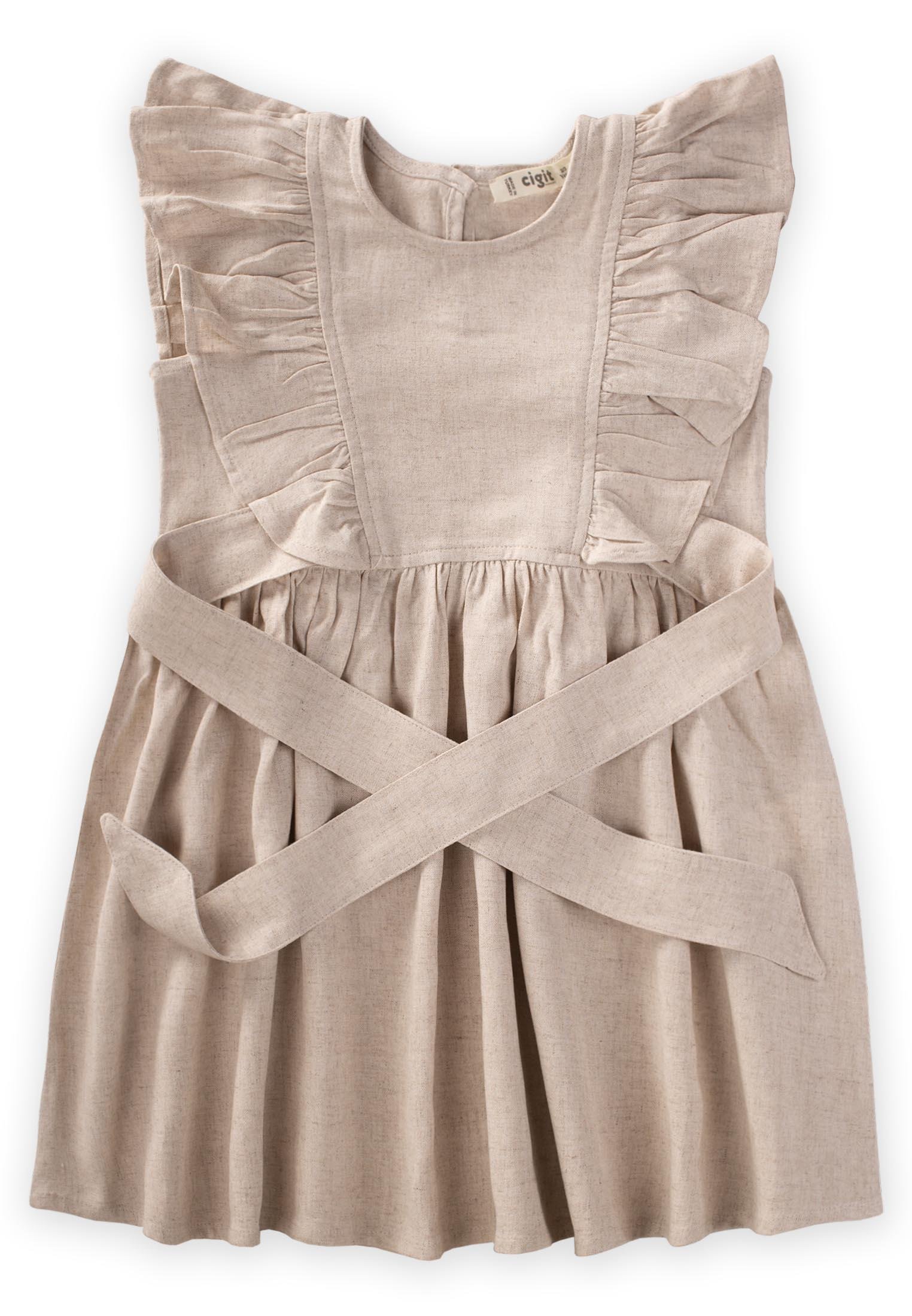 CigitYanları Bağcıklı Keten elbise 2-7 Yaş NATUREL