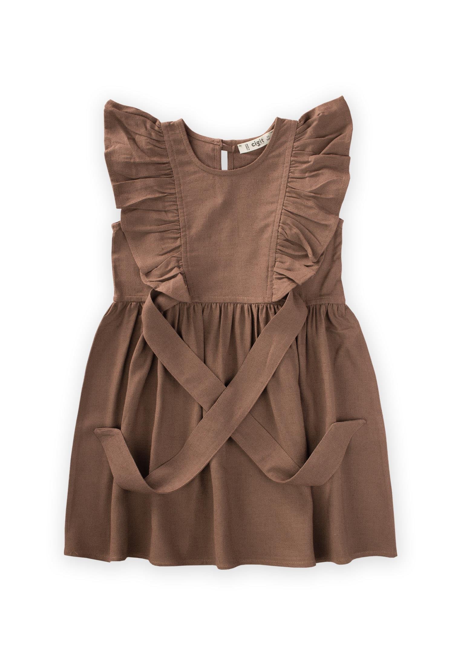 CigitYanları Bağcıklı Keten elbise 2-7 Yaş CARAMEL