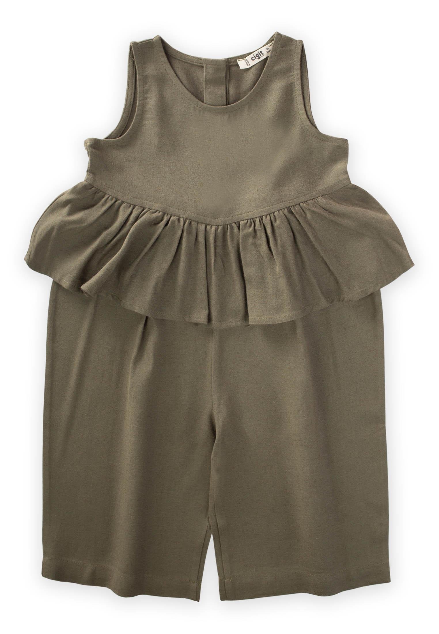 CigitBeli Volanlı Keten Tulum 2-7 Yaş HAKİ YEŞİL