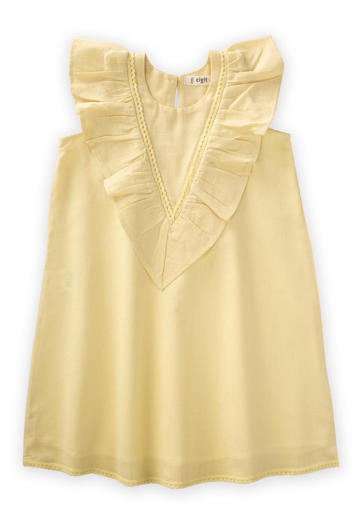 CigitEtek Ucu Ve Arkası Dantelli Elbise 2-7 Yaş SARI